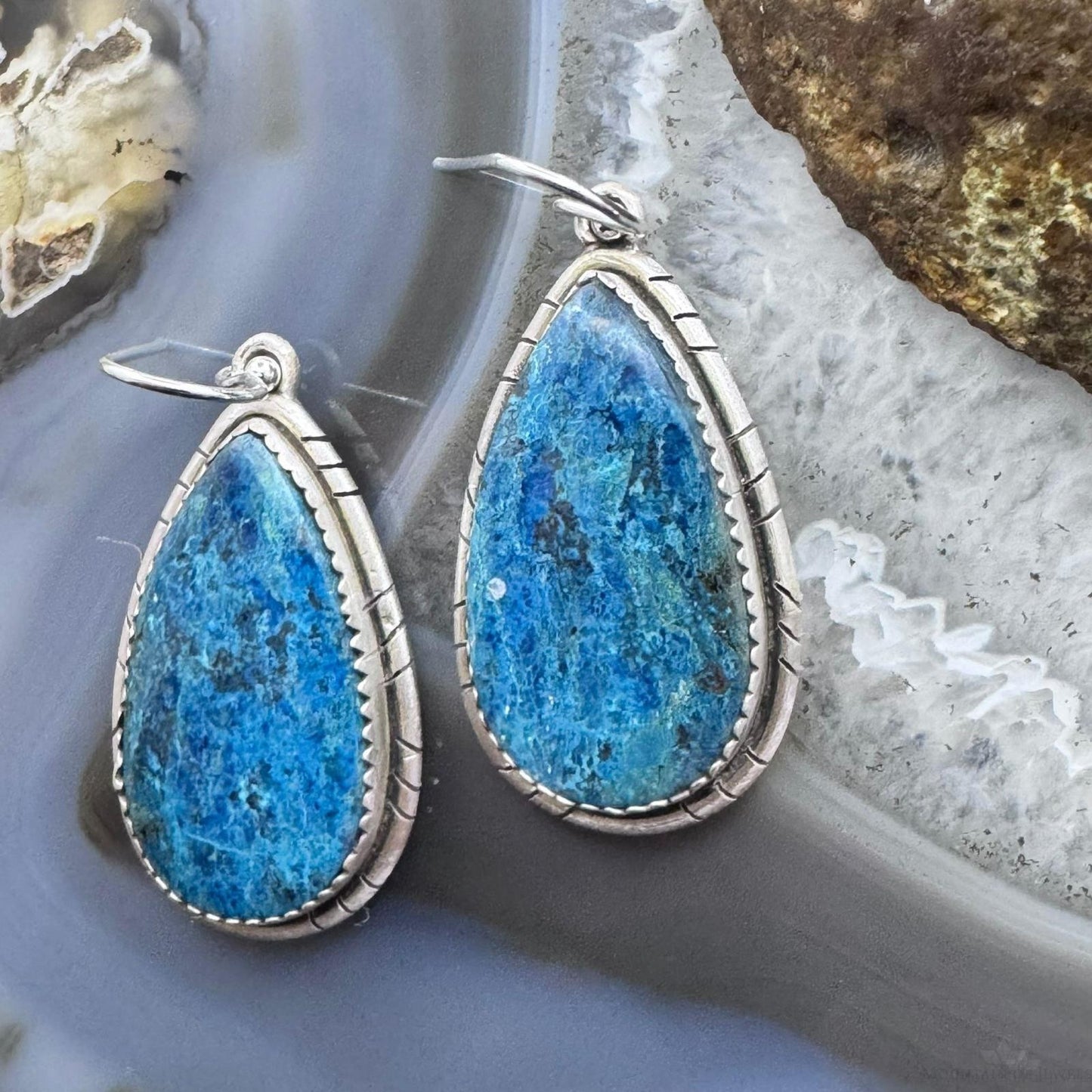 Sterling Silver Southwestern Style Teardrop Shattuckite Dangle Earrings For Women #2