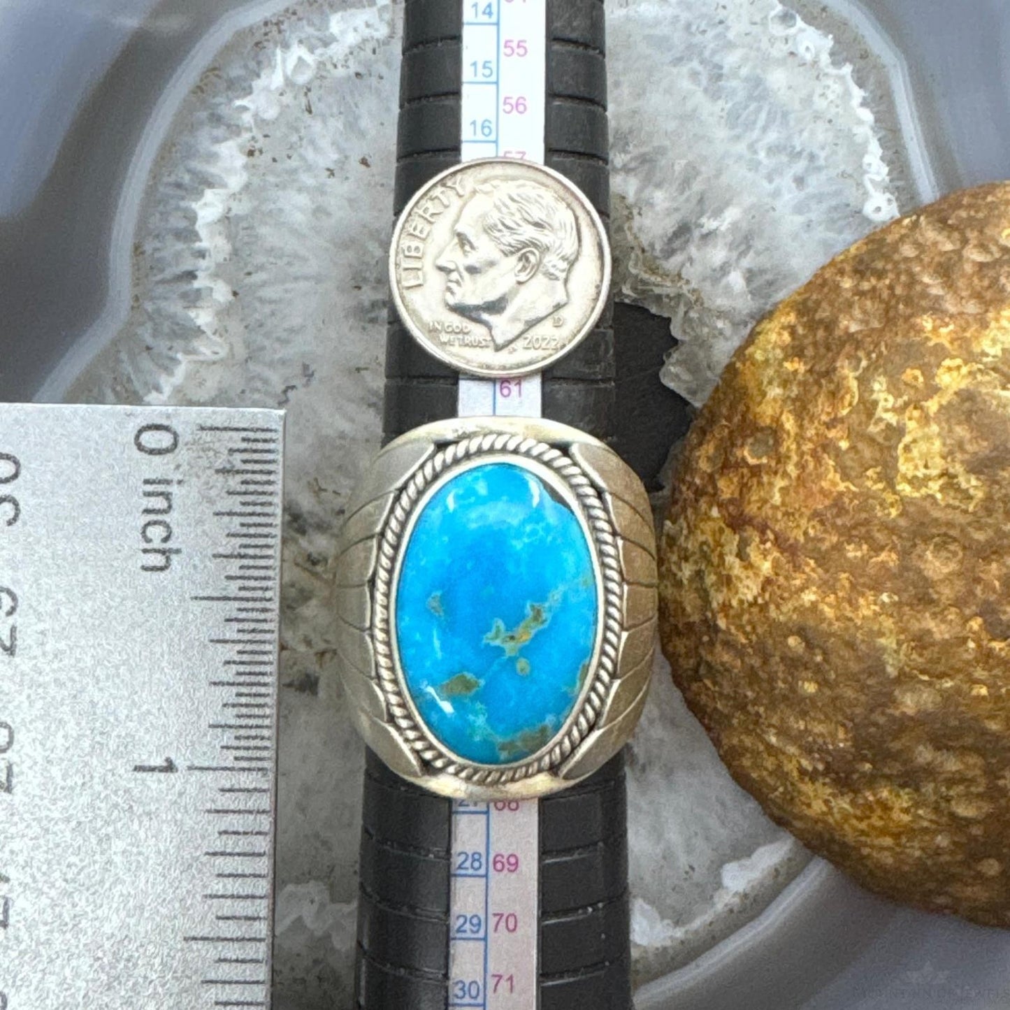 Native American Sterling Silver Oval Blue Ridge Turquoise Shield Ring Size 11 For Men