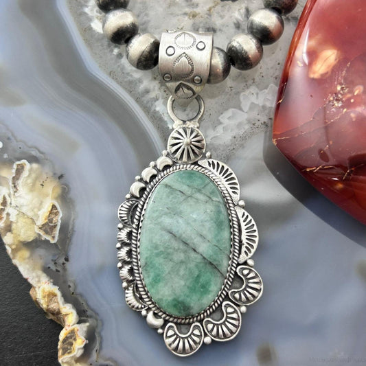 Sterling Silver Southwestern Style Oval Emerald Decorated Pendant For Women