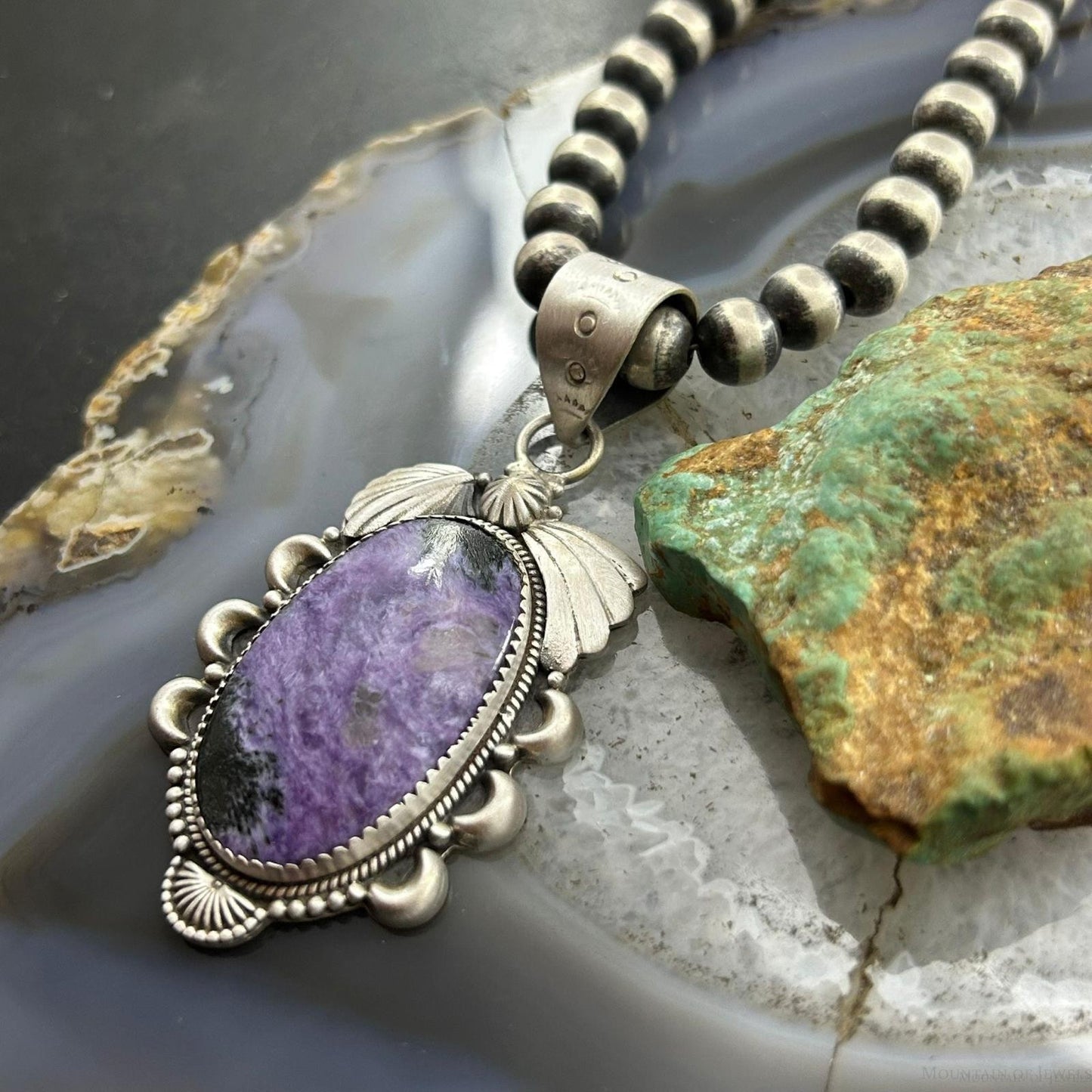 Sterling Silver Southwestern Style Oval Charoite Decorated Pendant For Women
