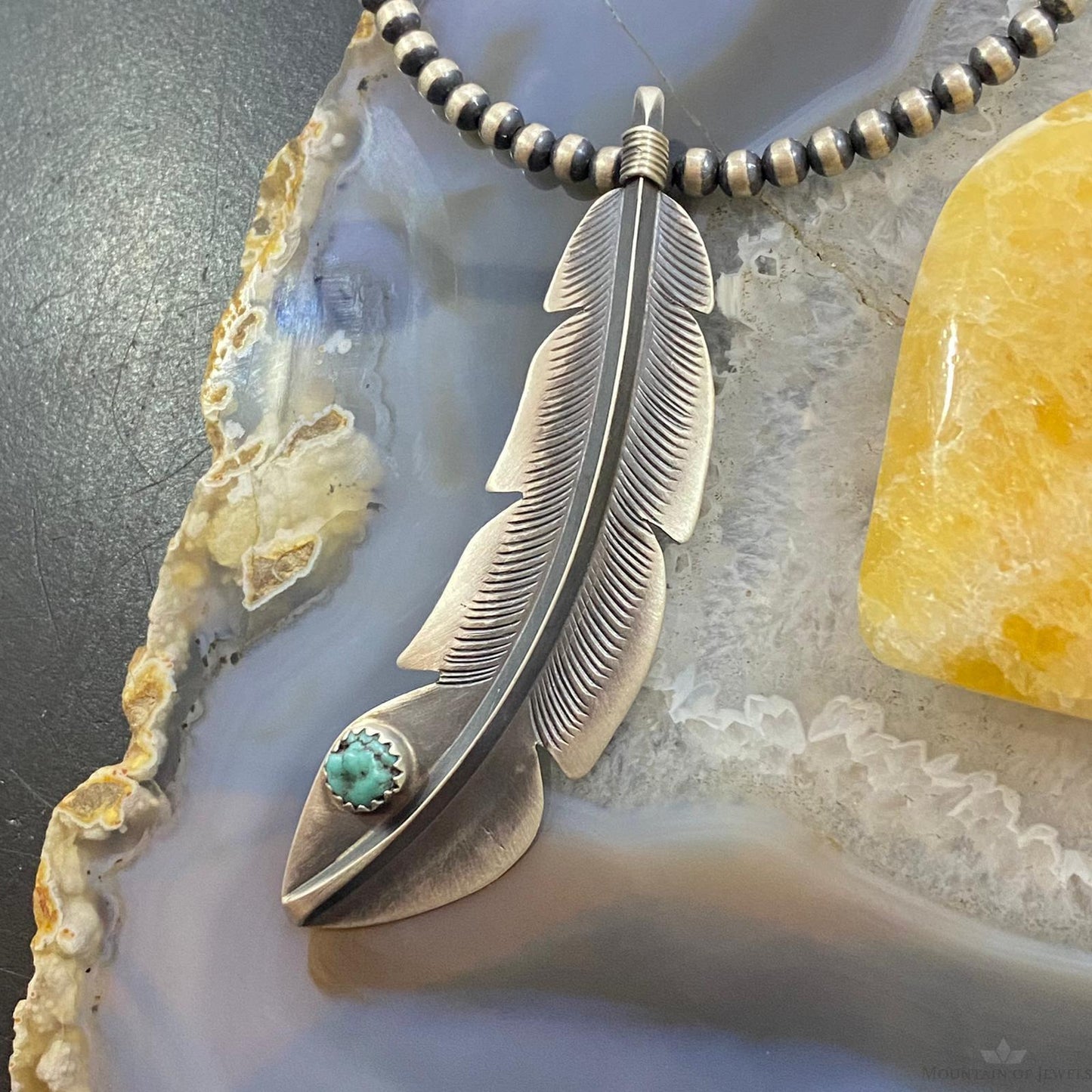 Billy Long Sterling Silver Oxidized Feather w/Turquoise Unisex Pendant Necklace
