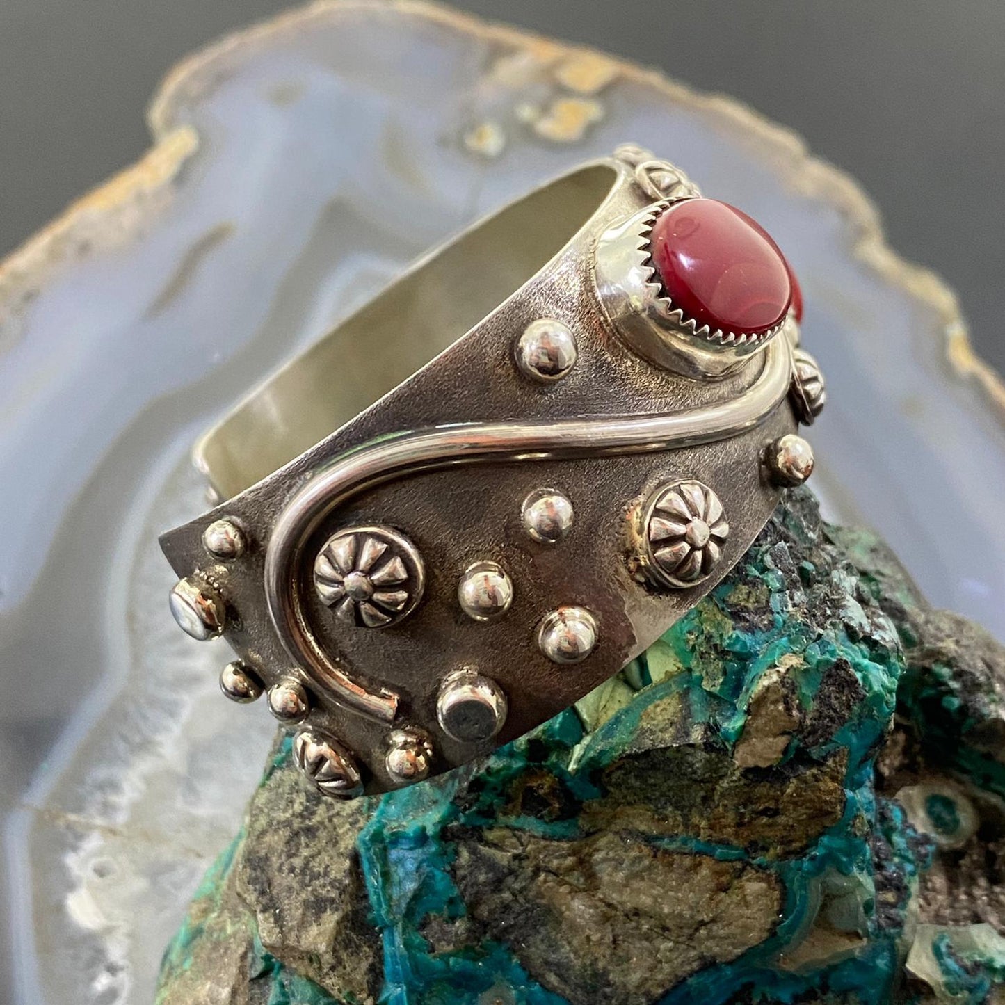 Delbert Secatero Rosarita Stones Decorated Sterling Silver Bracelet For Women