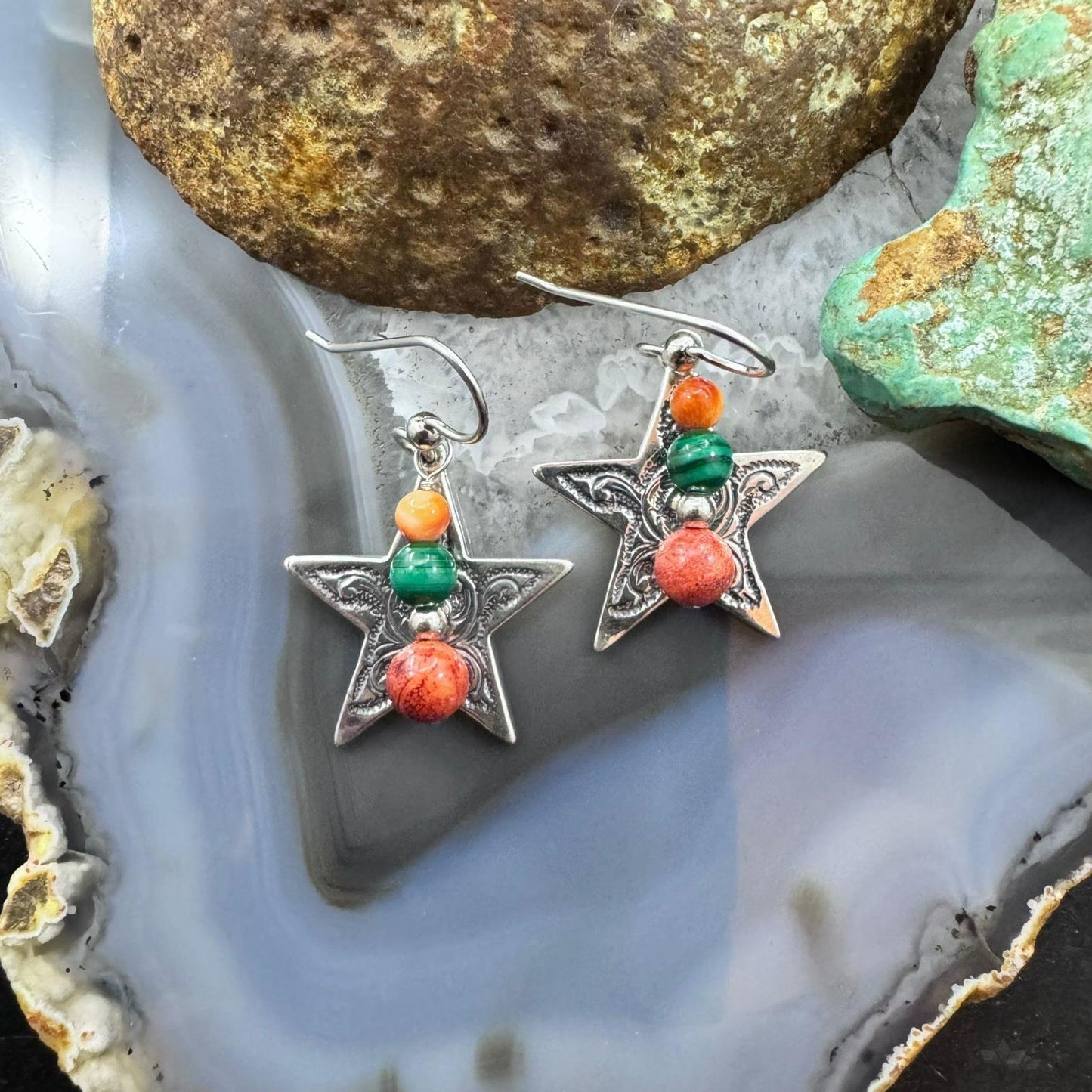 Carolyn Pollack Sterling Silver Star With Multistone Beads Dangle Earrings For Women