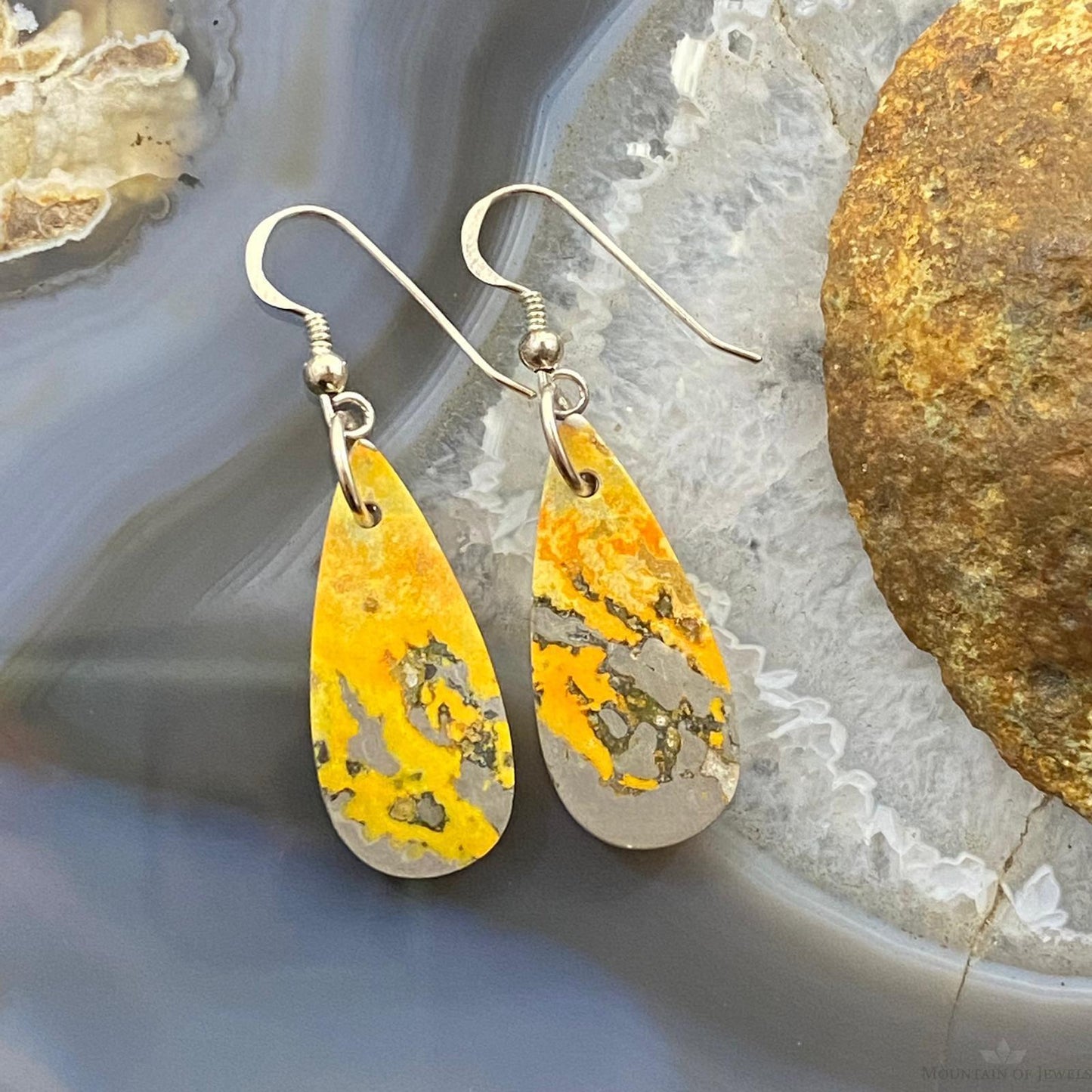 Sterling Silver Teardrop Bumblebee Jasper Slab Dangle Earrings For Women #032