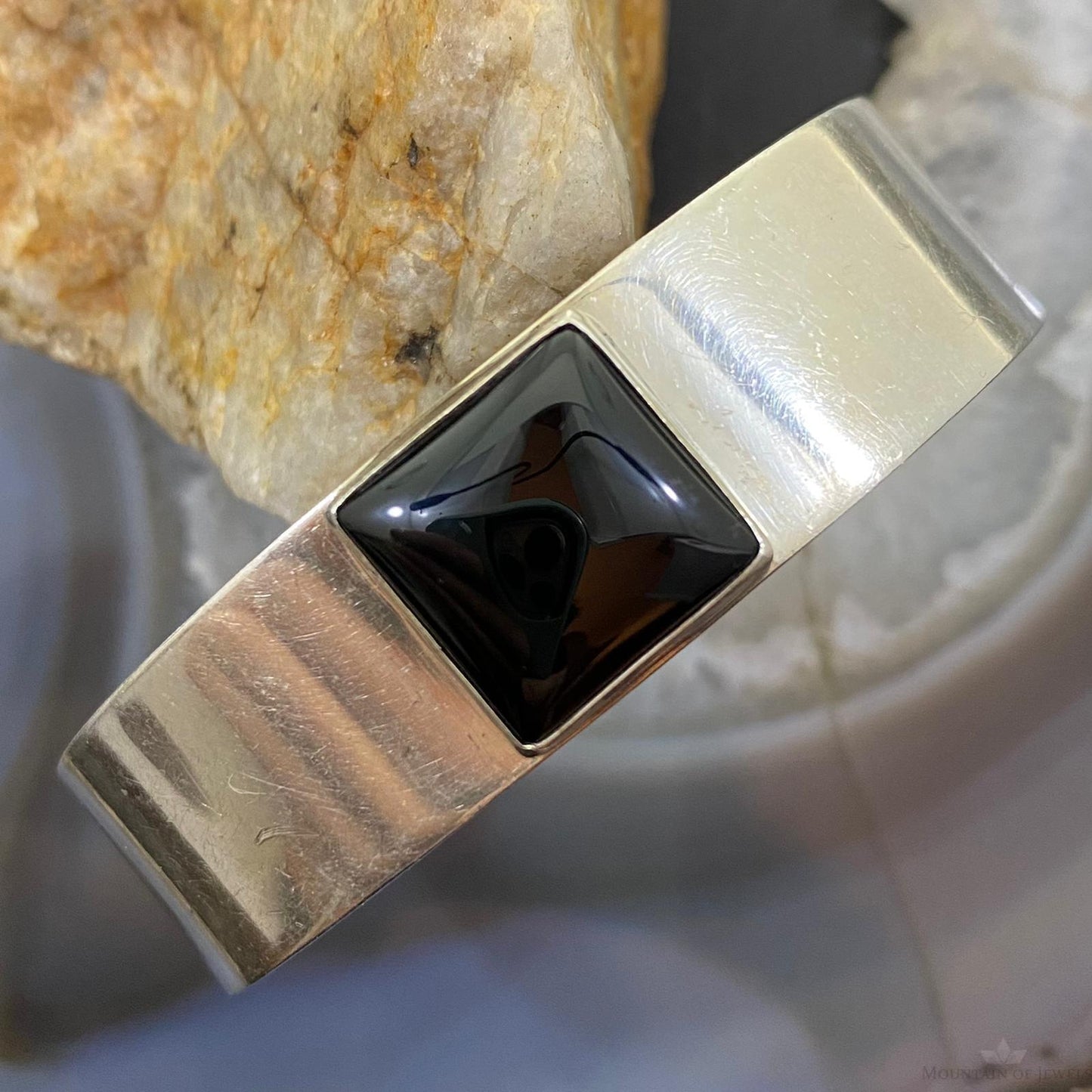 Signed Native American Sterling Silver Square Onyx Bracelet For Women