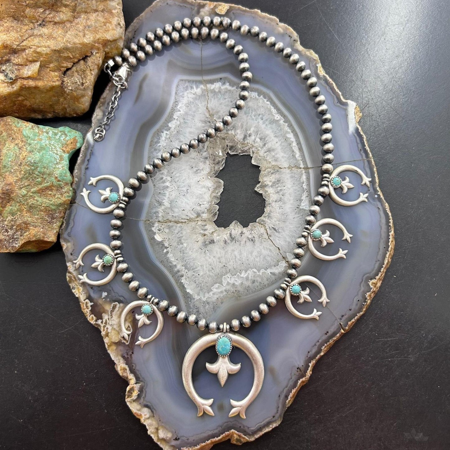 Sterling Silver Southwestern Style 6 Small Naja & Large Naja Squash Blossom Necklace For Women