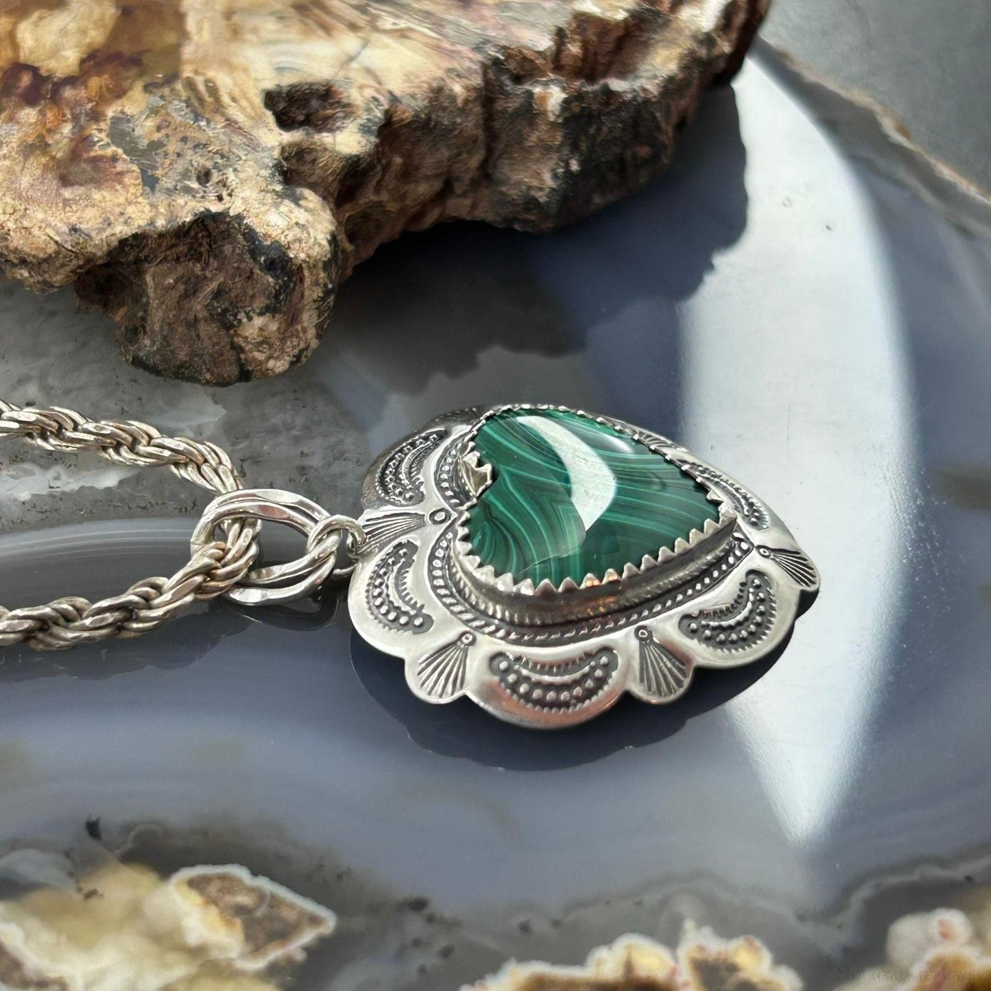 QT Quoc Sterling Silver Southwestern Style Malachite Heart Pendant For Women