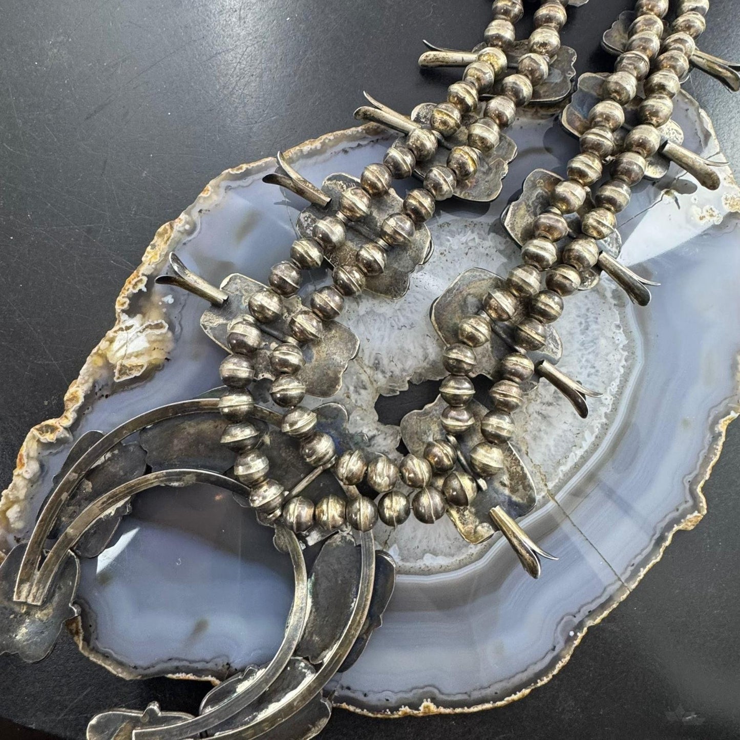 Vintage Native American Silver Matrix Turquoise 24" Squash Blossom Necklace For Women
