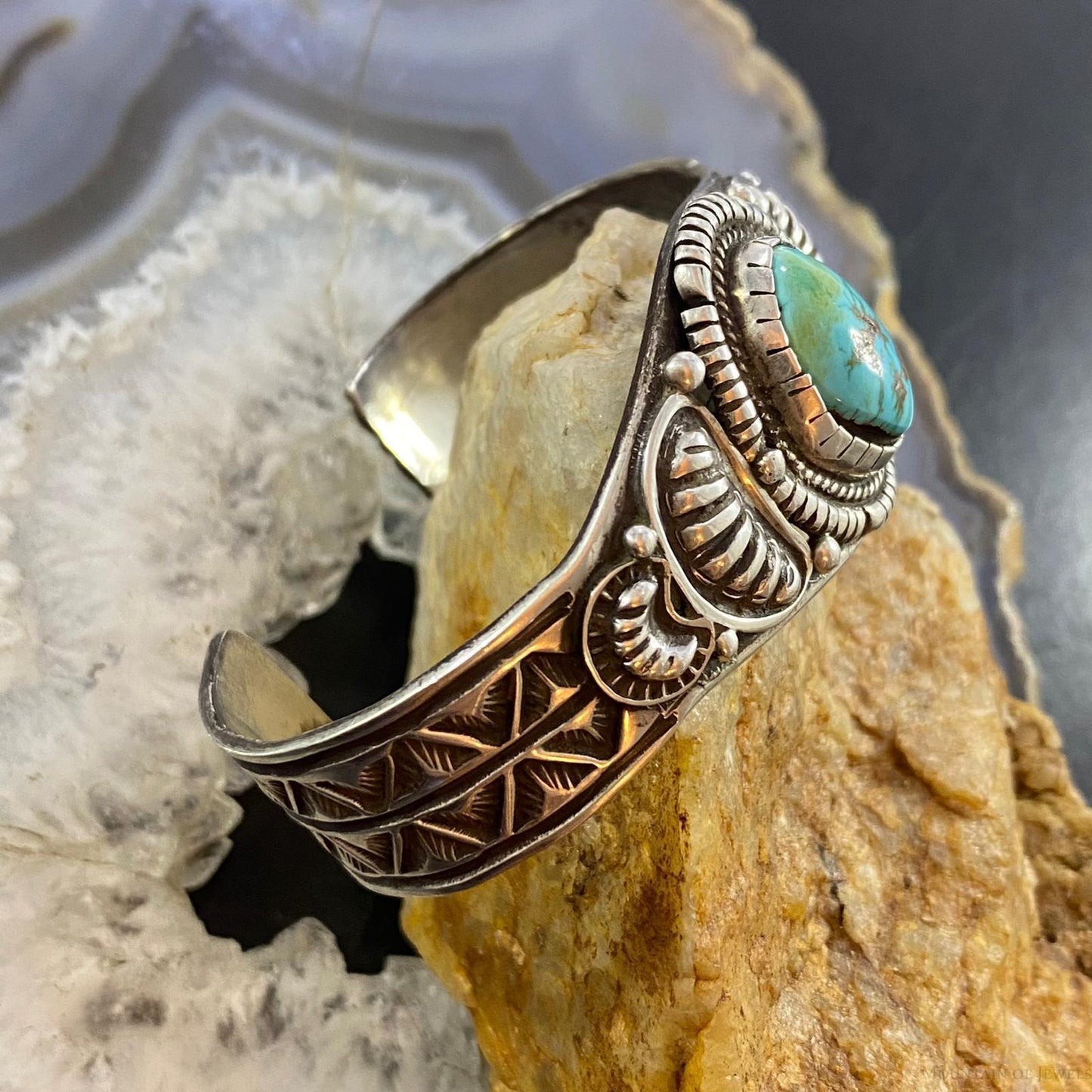 Vintage Signed Native American Sterling Turquoise Decorated Bracelet For Women