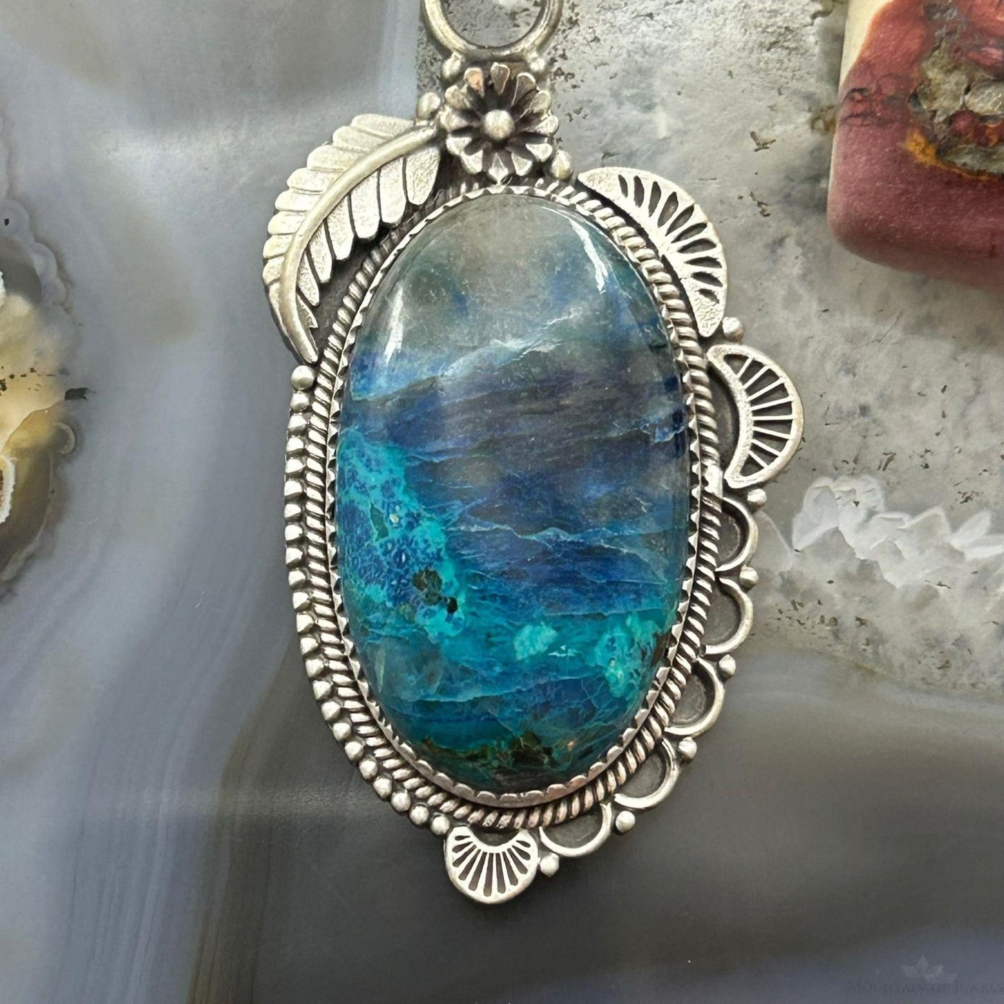 Sterling Silver Southwestern Style Elongated Shattuckite Decorated Pendant For Women