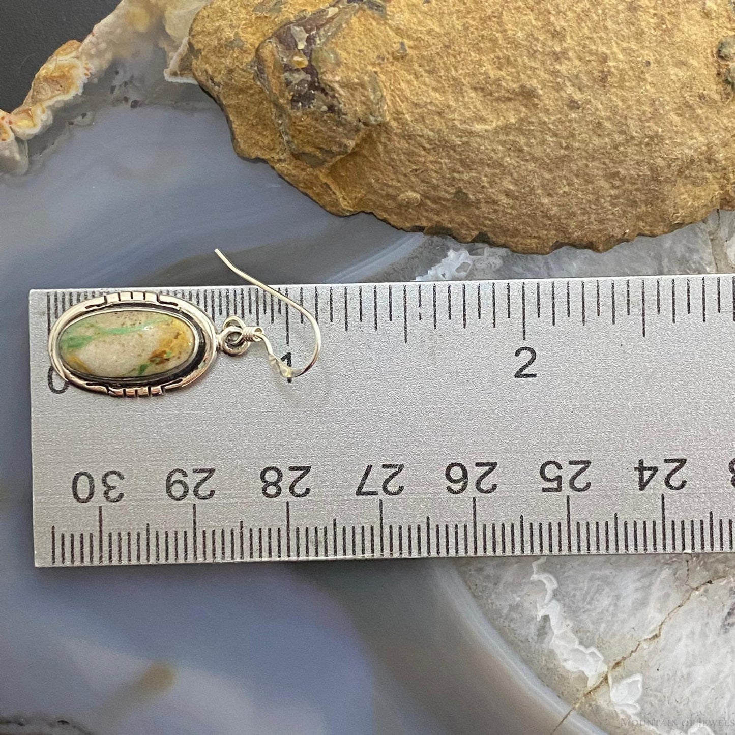 Native American Sterling Silver Oval Ribbon Boulder Turquoise Dangle Earrings