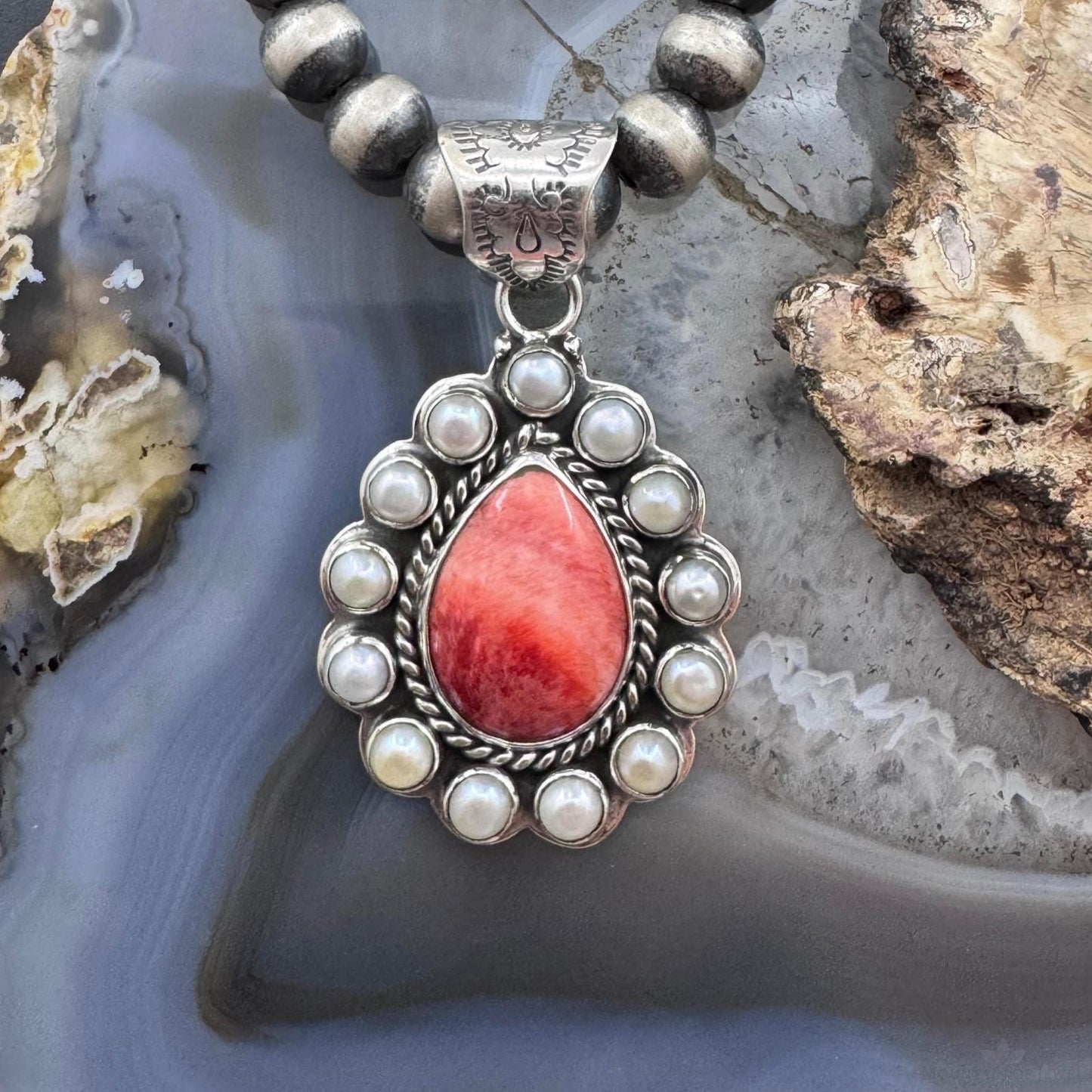 Native American Sterling Silver Teardrop Spiny Oyster w/Pearls Pendant For Women