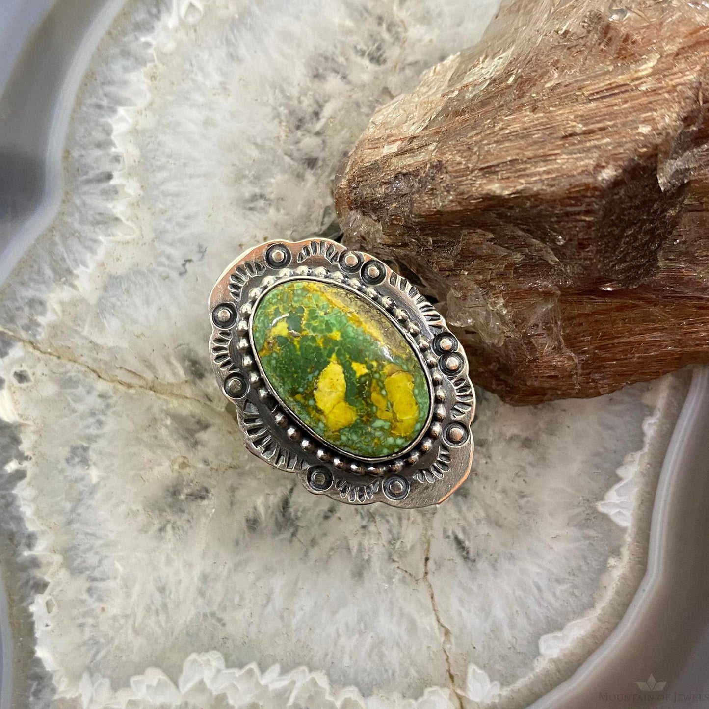 Tim Vanderver Sterling Ornate Oval Sonora Gold Turquoise Ring Size 7.5 For Women