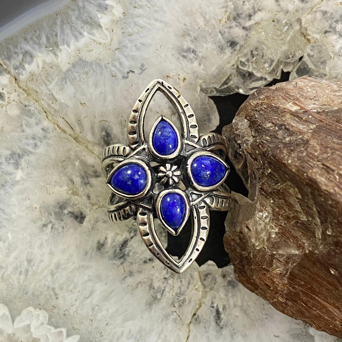 Carolyn Pollack Southwestern Style Sterling Silver 4 Lapis Lazuli Flower Cluster Ring For Women
