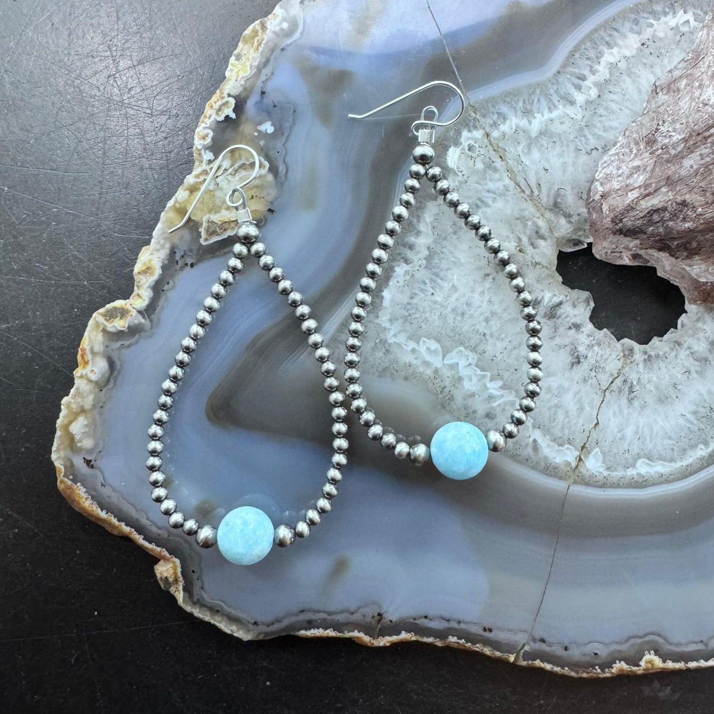 Native American Sterling Silver Navajo Beads with Larimar Bead Hoop Earrings For Women