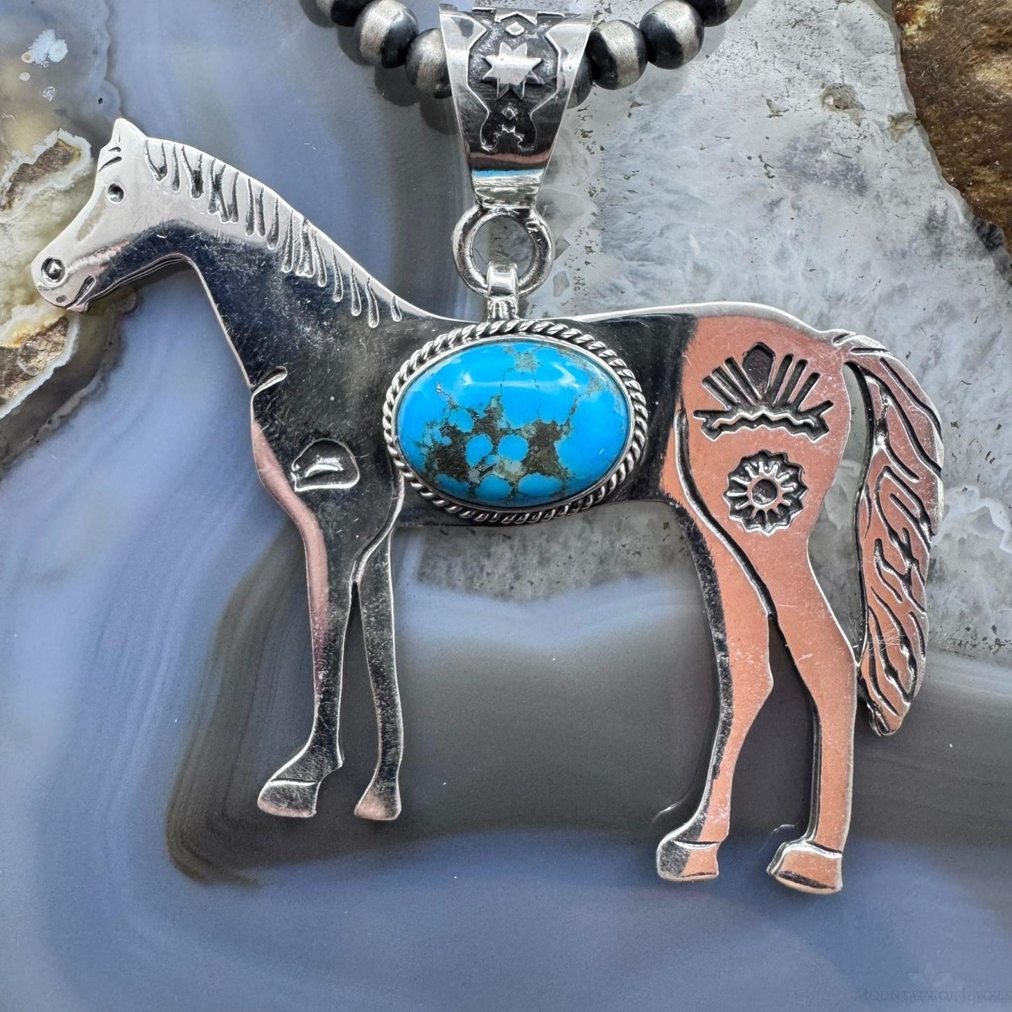 Sterling Silver Turquoise Stamped Indigenous Symbols Horse Unisex Pendant