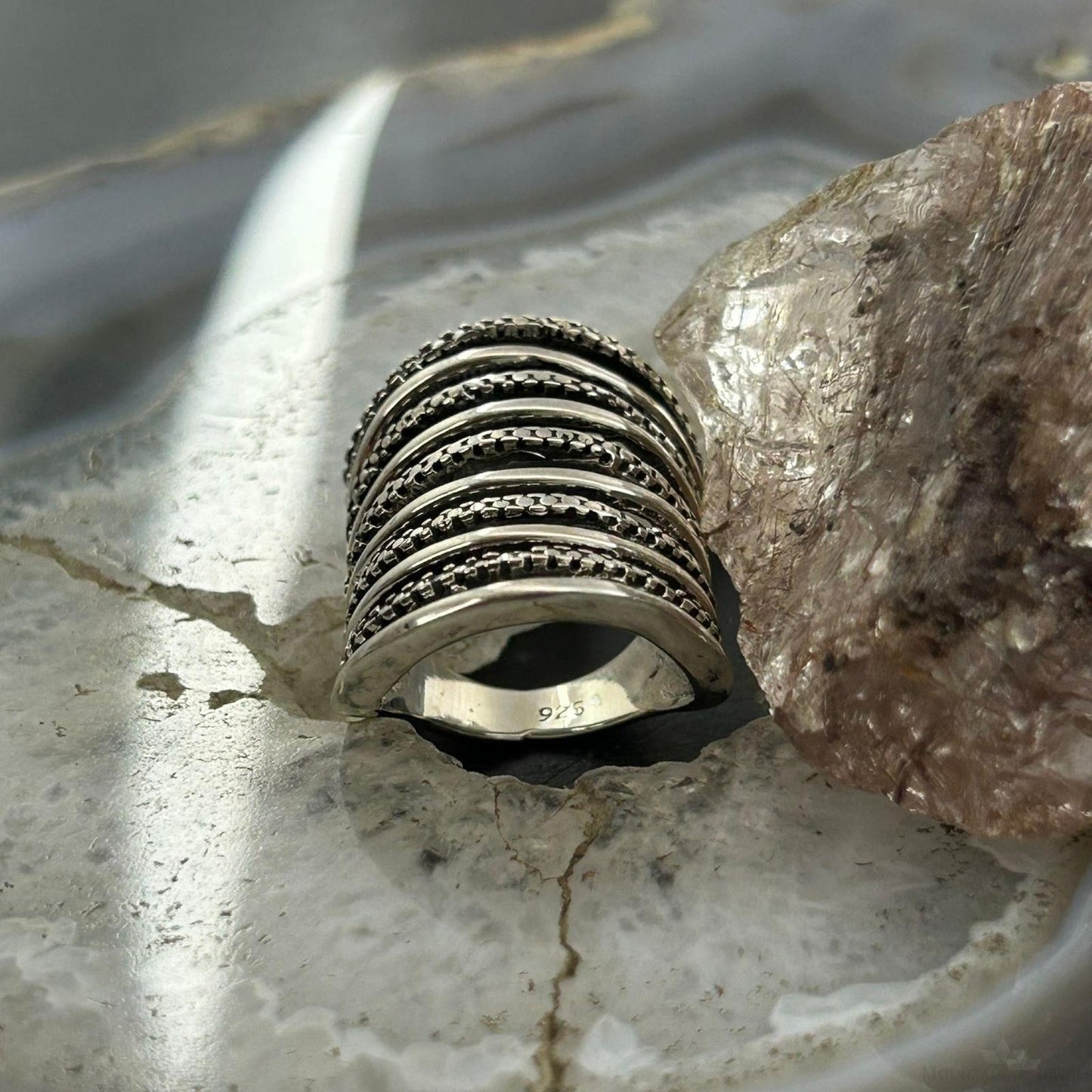 Sterling Silver Stripes Stacked Dome Modern Ring For Women, Taxco Mexico