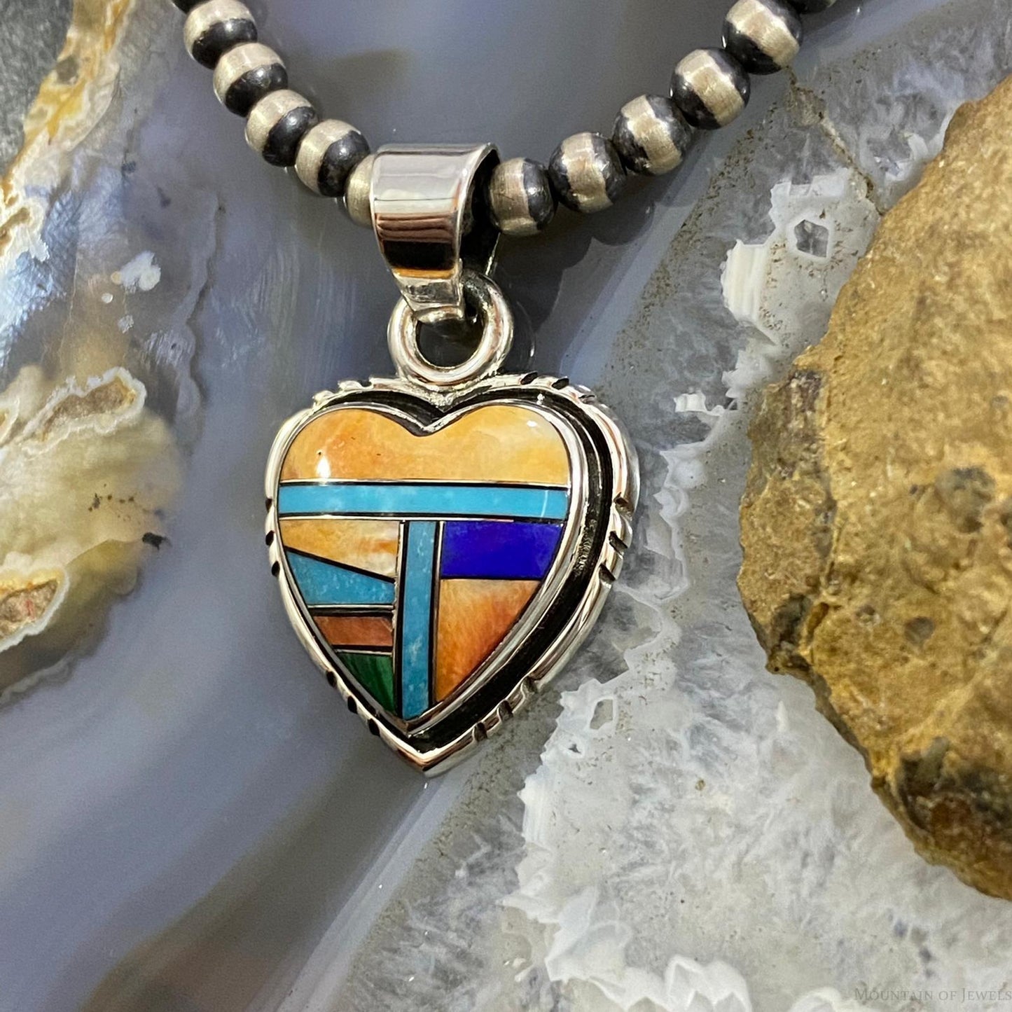 Native American Sterling Silver Heart Shape Multi Stone Inlay Pendant For Women