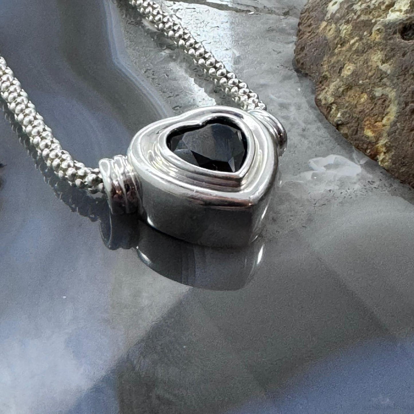Carolyn Pollack Sterling Silver Faceted Garnet Slide Heart Pendant W/Necklace For Women