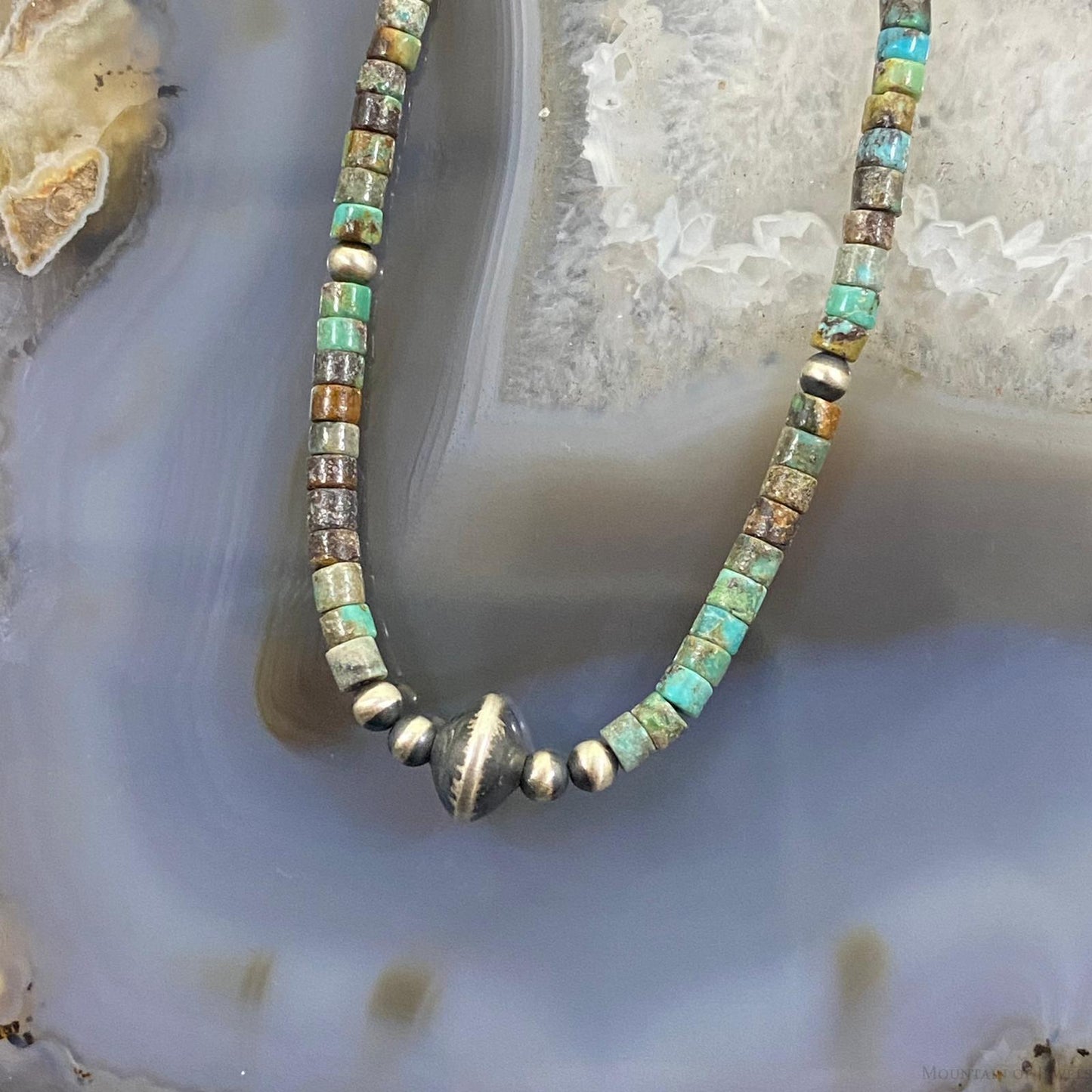 Turquoise Beads 3 mm and Navajo Pearl Sterling Silver Necklace 18" For Women
