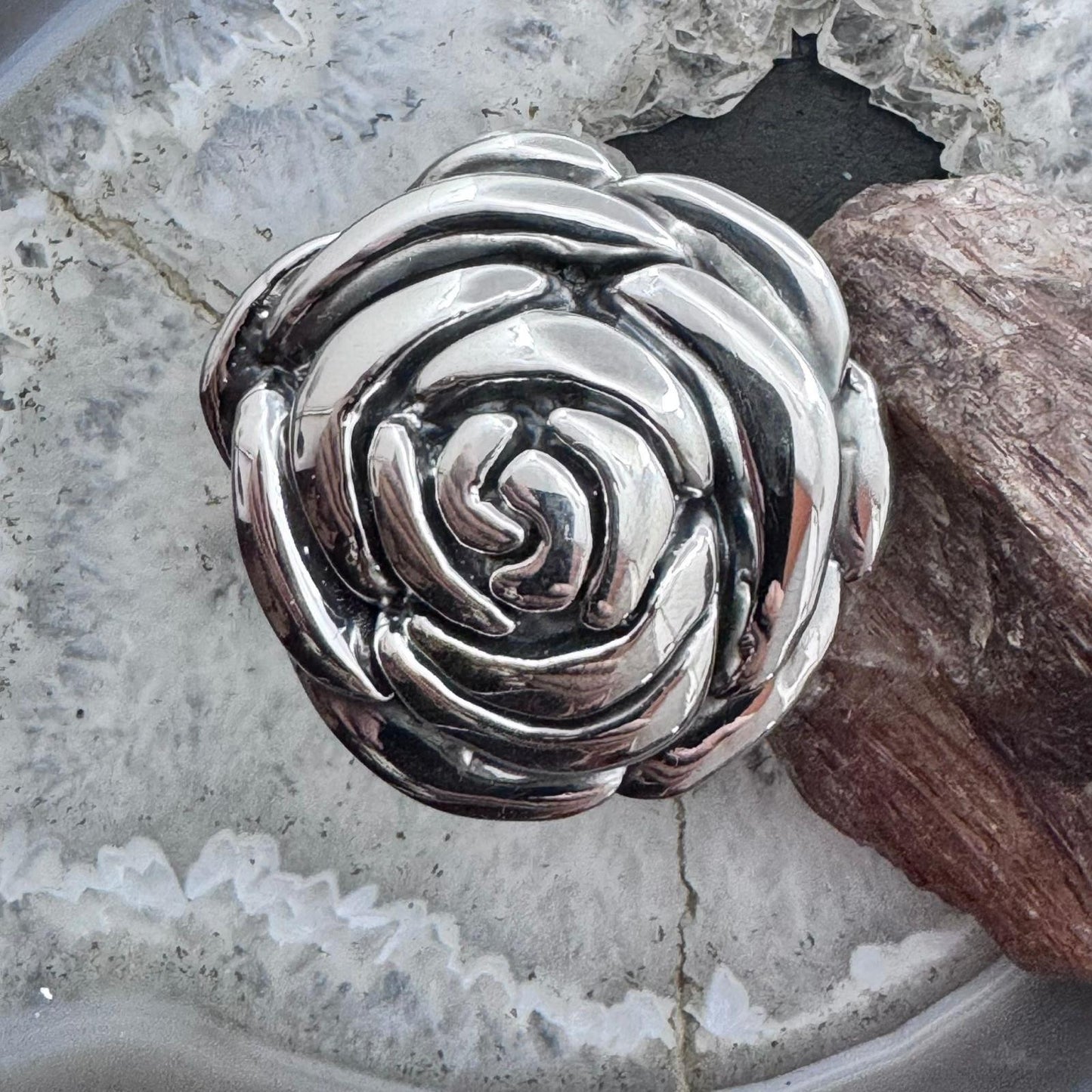 Sterling Silver Electroform Large Rose Fashion Ring For Women, Taxco Mexico