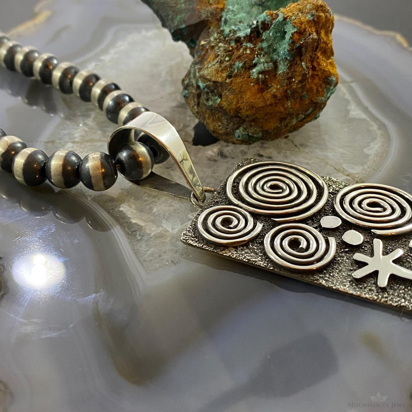 Alex Sanchez Sterling Silver Turquoise Rectangle Petroglyph Unisex Pendant