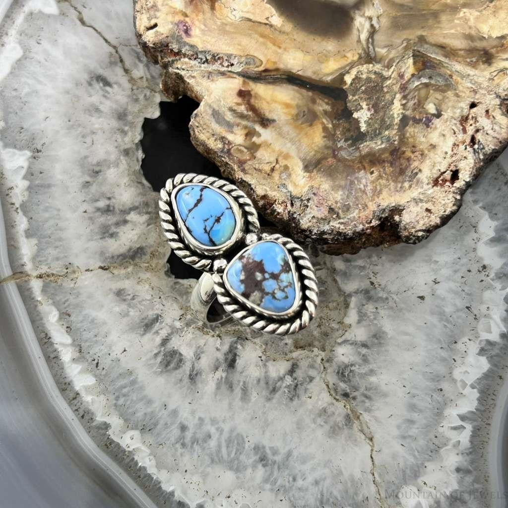 Sterling Silver Southwestern Style Double Golden Hill Turquoise Ring Size 5 For Women