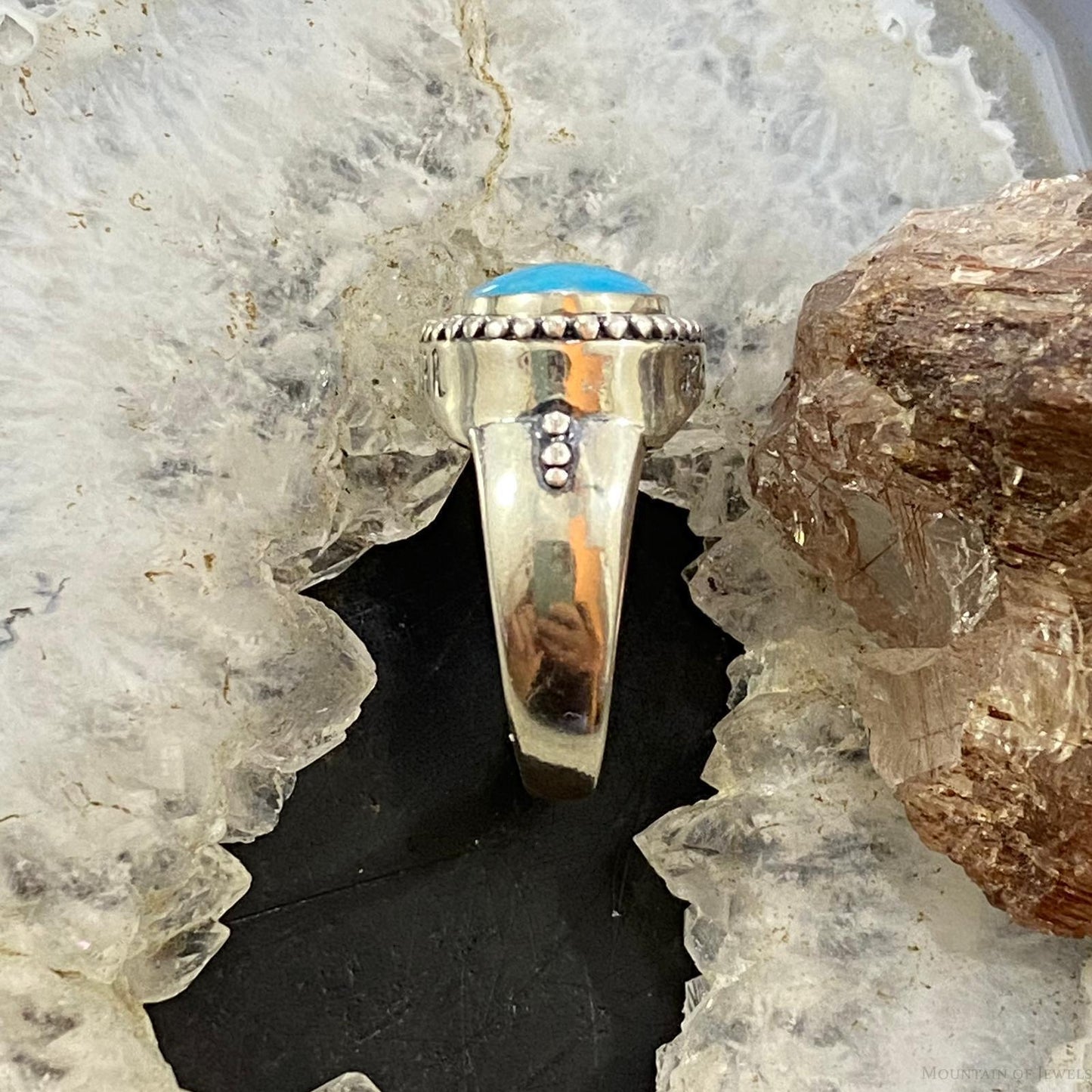 Carolyn Pollack Southwestern Style Sterling Silver Horizontally Mounted Oval Turquoise Decorated Ring For Women
