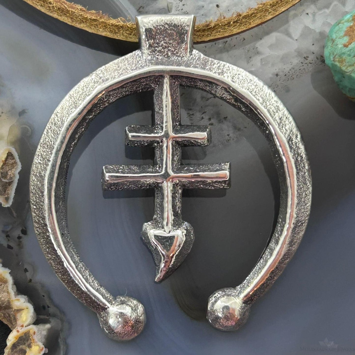 Gary Custer Sterling Silver Tufa Cast Cross Naja Unisex Pendant w/Leather Cord