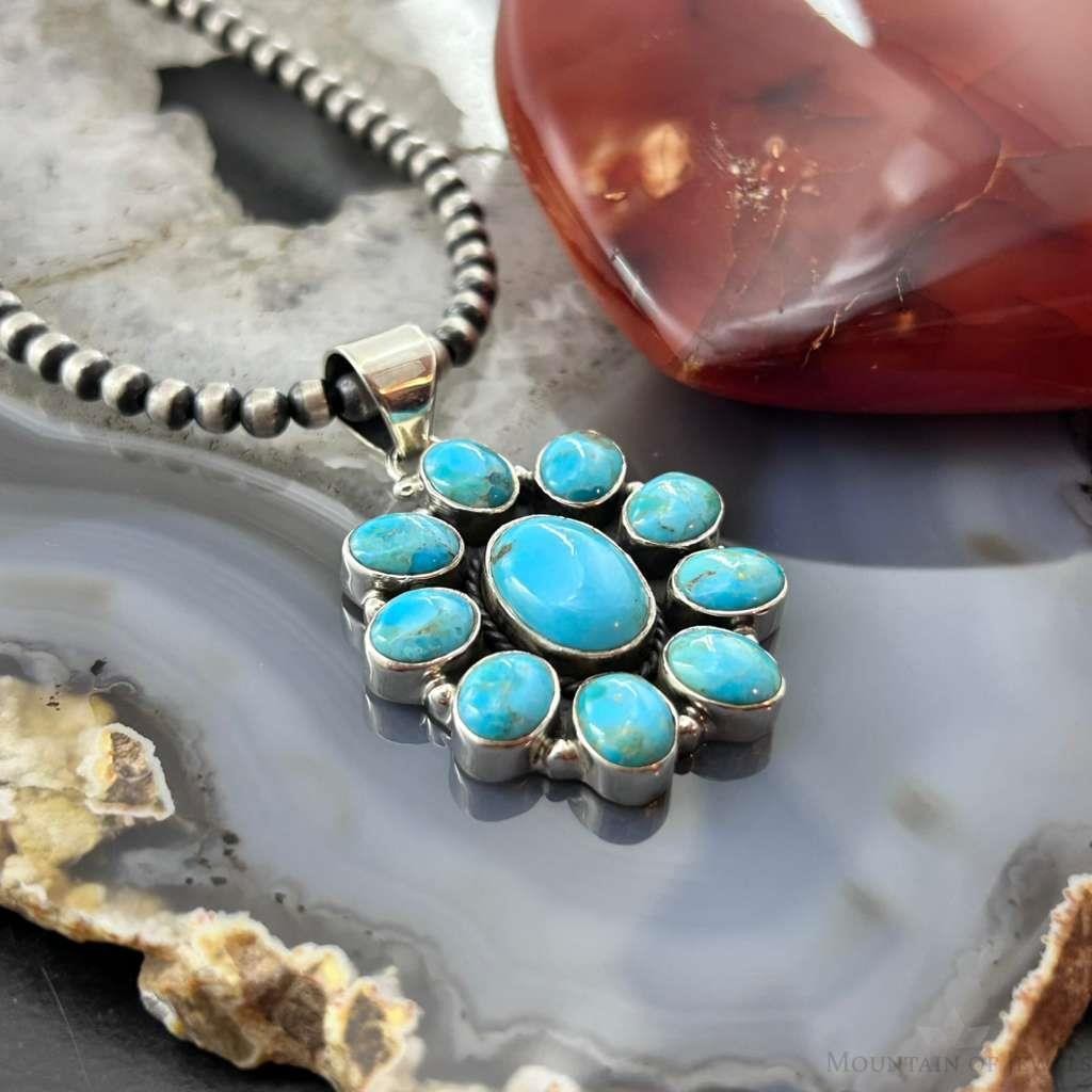 Sterling Silver Southwestern Style Mohave Turquoise Cluster Pendant For Women