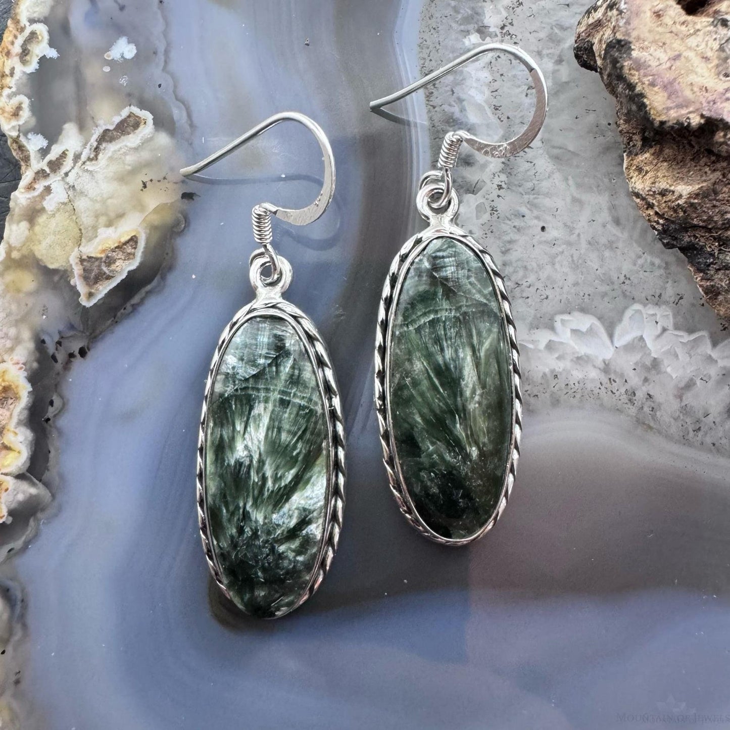 Sterling Silver Southwestern Style Elongated Oval Serpentine Dangle Earrings For Women