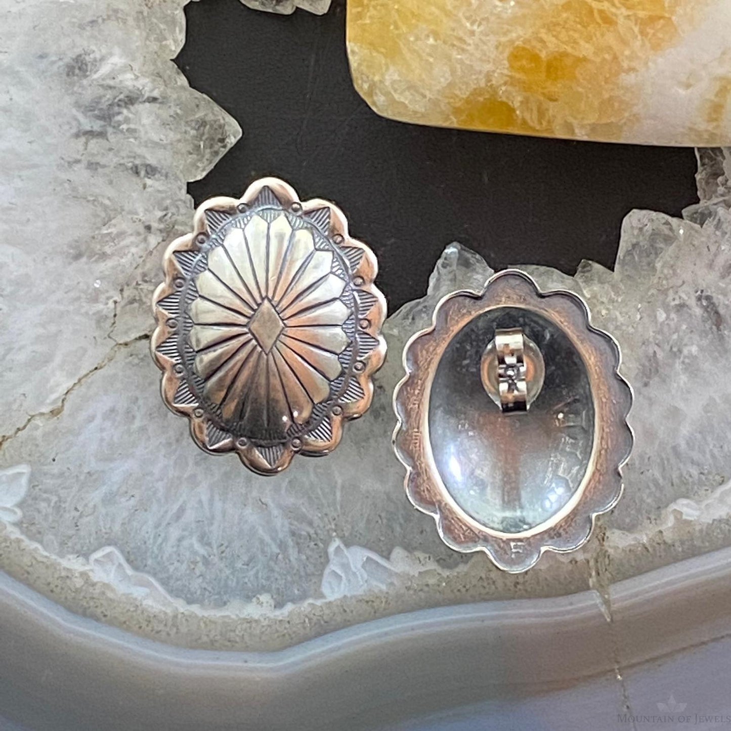 Native American Sterling Silver Oval Stamped Concho Stud Earrings For Women