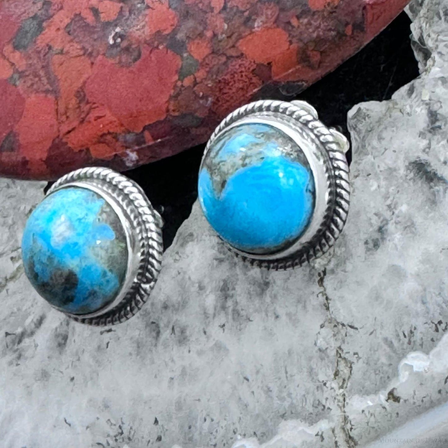 Native American Sterling Silver Rounded Turquoise Stud Earrings For Women