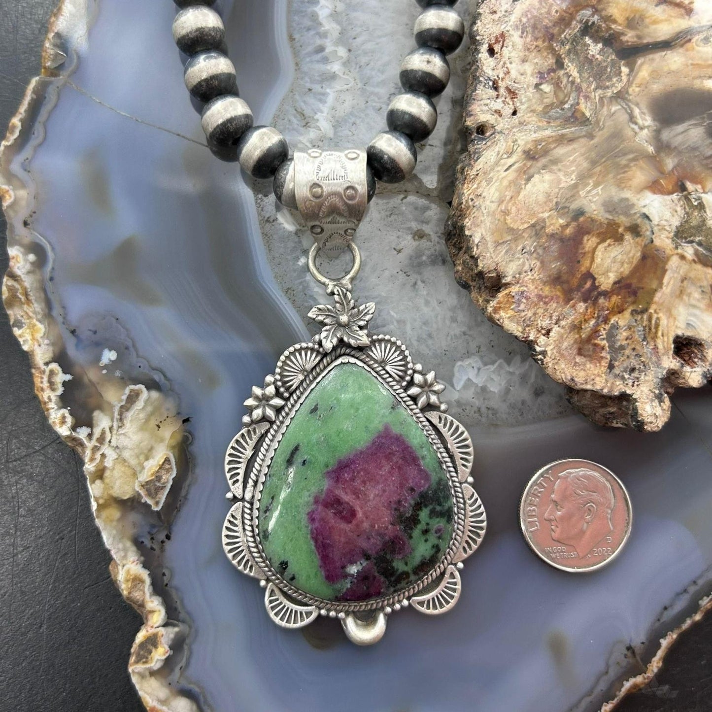 Sterling Silver Southwestern Style Teardrop Ruby Zoisite Pendant For Women