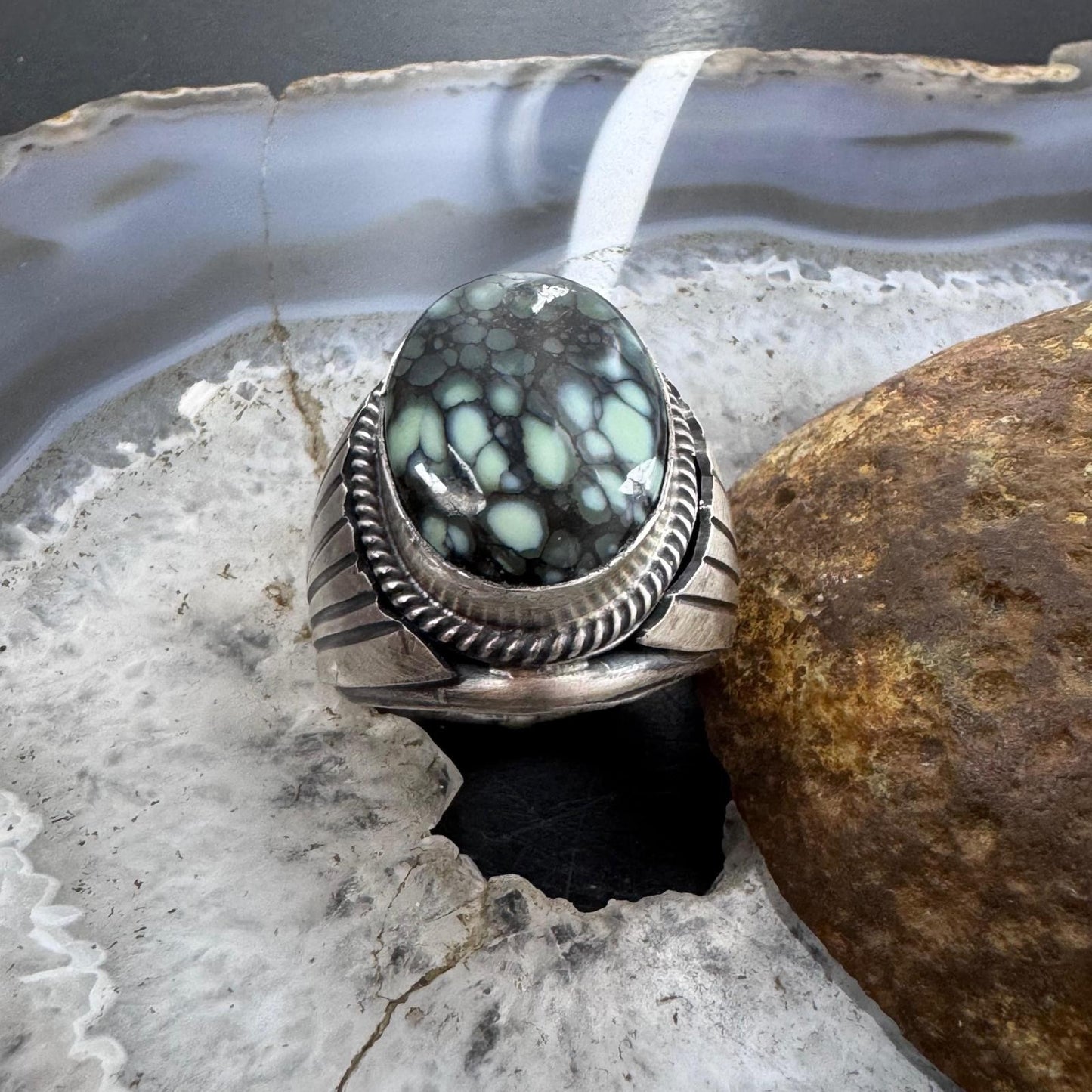 Native American Sterling Silver Oval Lander Turquoise Shield Ring Size 9.5 For Men