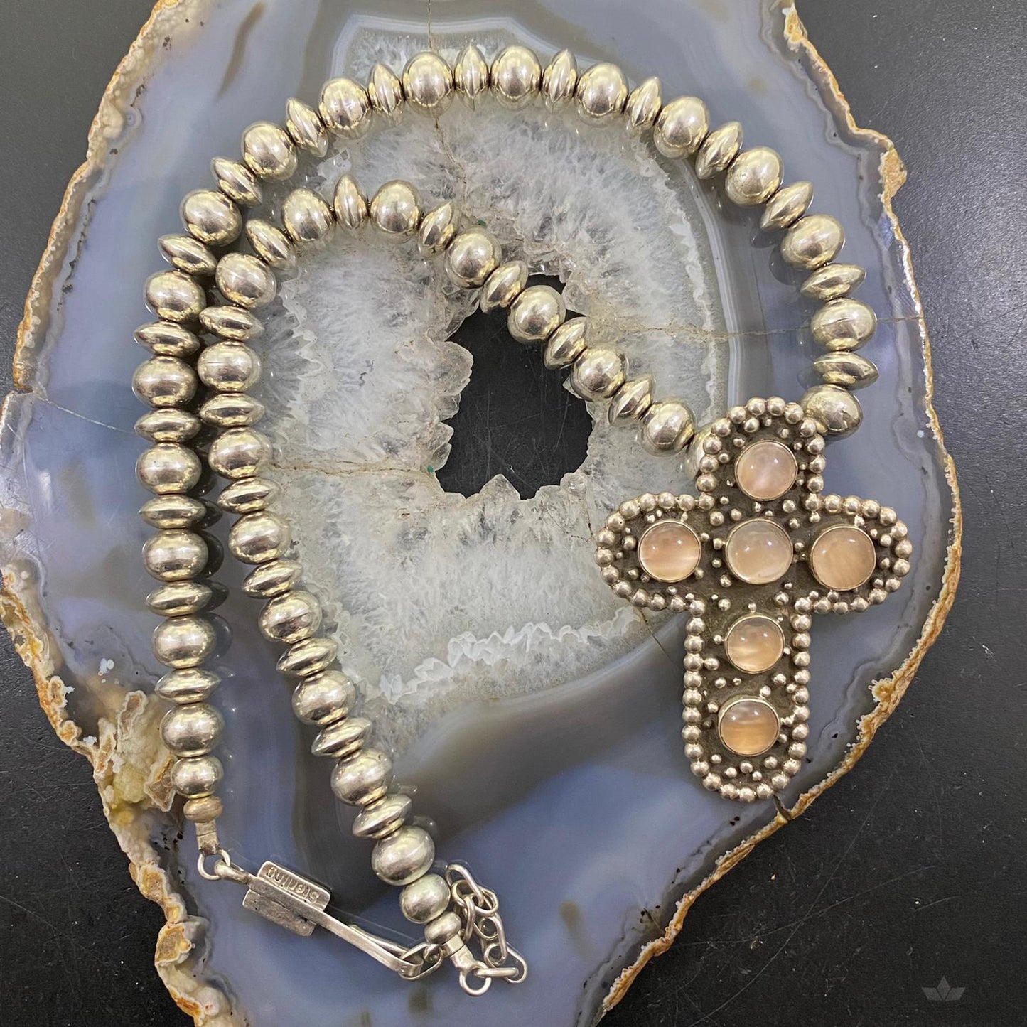 Christin Wolf Sterling Silver Moon Stone Cross With Navajo Beads Necklace 20"