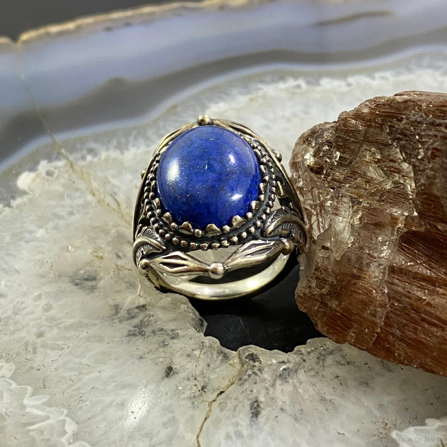 Carolyn Pollack Southwestern Style Sterling Silver Oval Denim Lapis Decorated Ring For Women