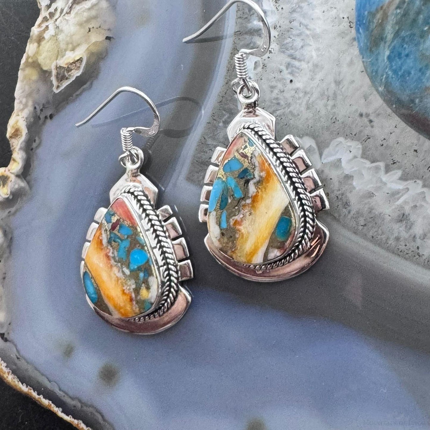 Sterling Silver Southwestern Style Teardrop Spiny & Turquoise Dangle Earrings For Women