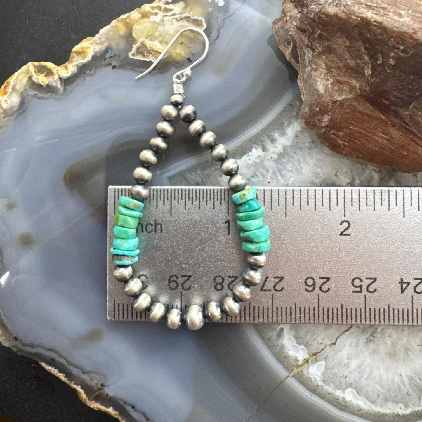 Sterling Silver 4mm Navajo Pearl Southwester Style & 6mm Turquoise Bead Hoop Earrings For Women
