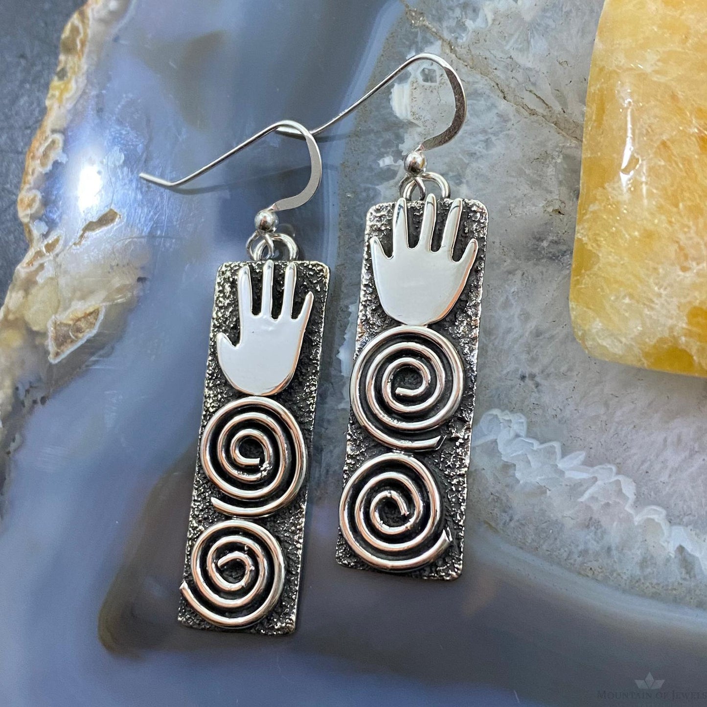 Alex Sanchez Native American Sterling Silver Long Rectangle Petroglyph Dangle Earrings For Women