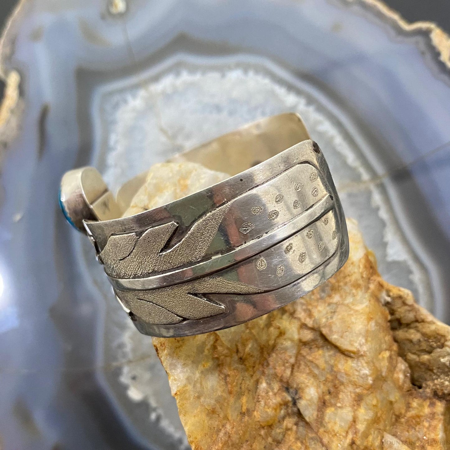 Vintage Signe Native American Sterling Silver Turquoise Overlay Texture Bracelet For Women