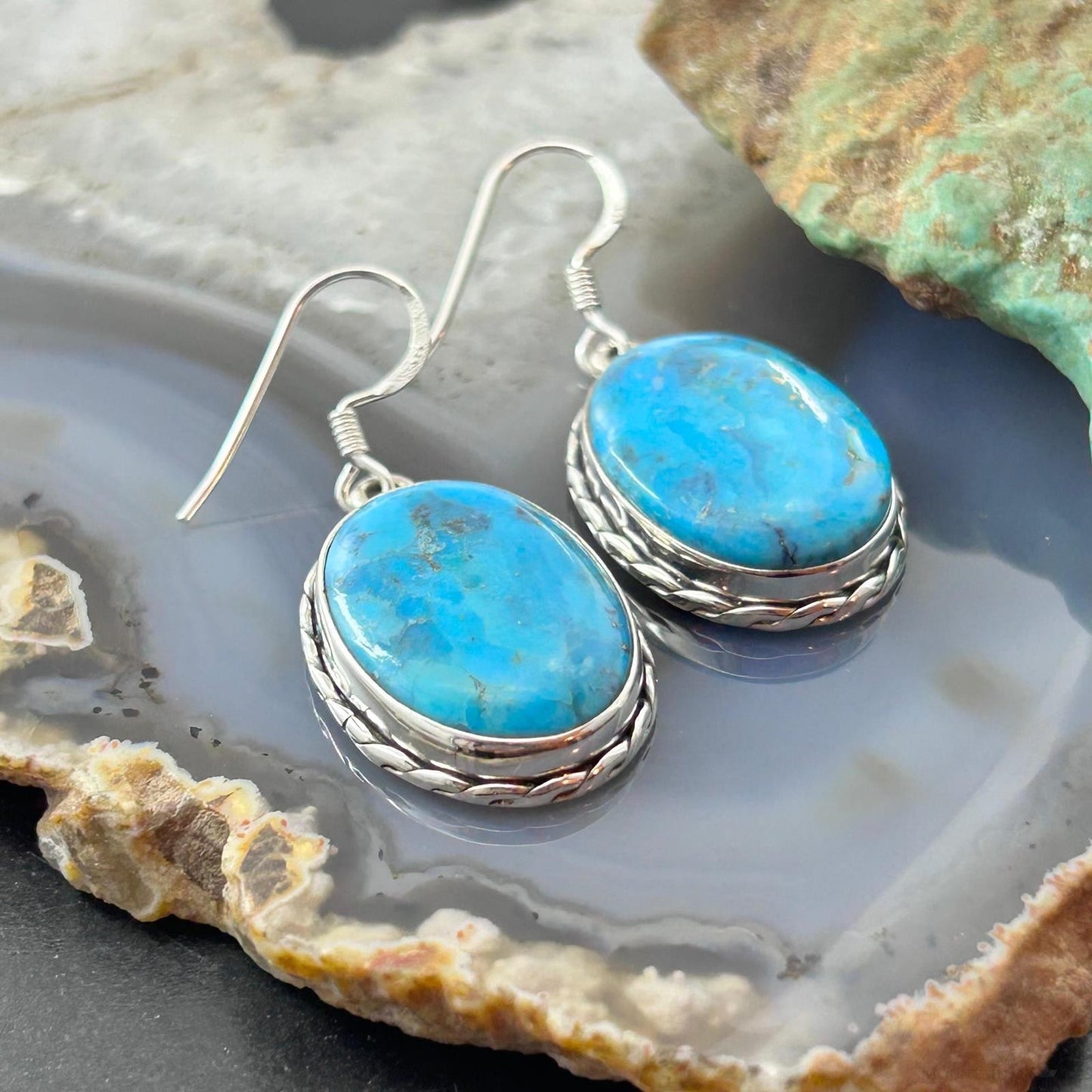 Sterling Southwestern Style Oval Mojave Turquoise Dangle Earrings For Women #1