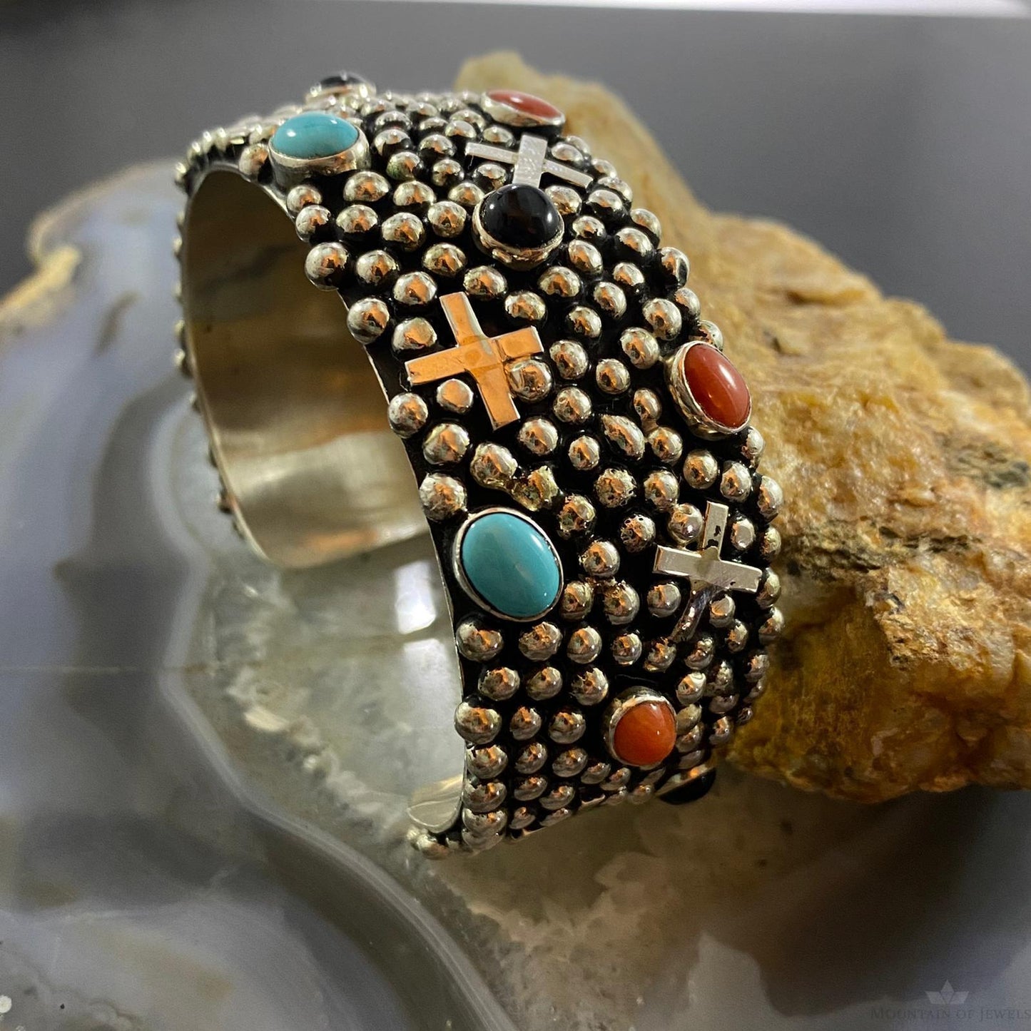 Gabby Jurado Sterling Silver Turquoise, Coral, Onyx Crosses Bracelet For Women