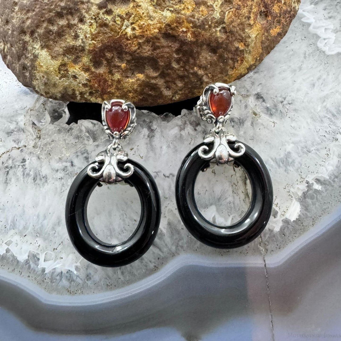 Carolyn Pollack Sterling Silver Onyx Hoop & Carnelian Dangle Earrings For Women