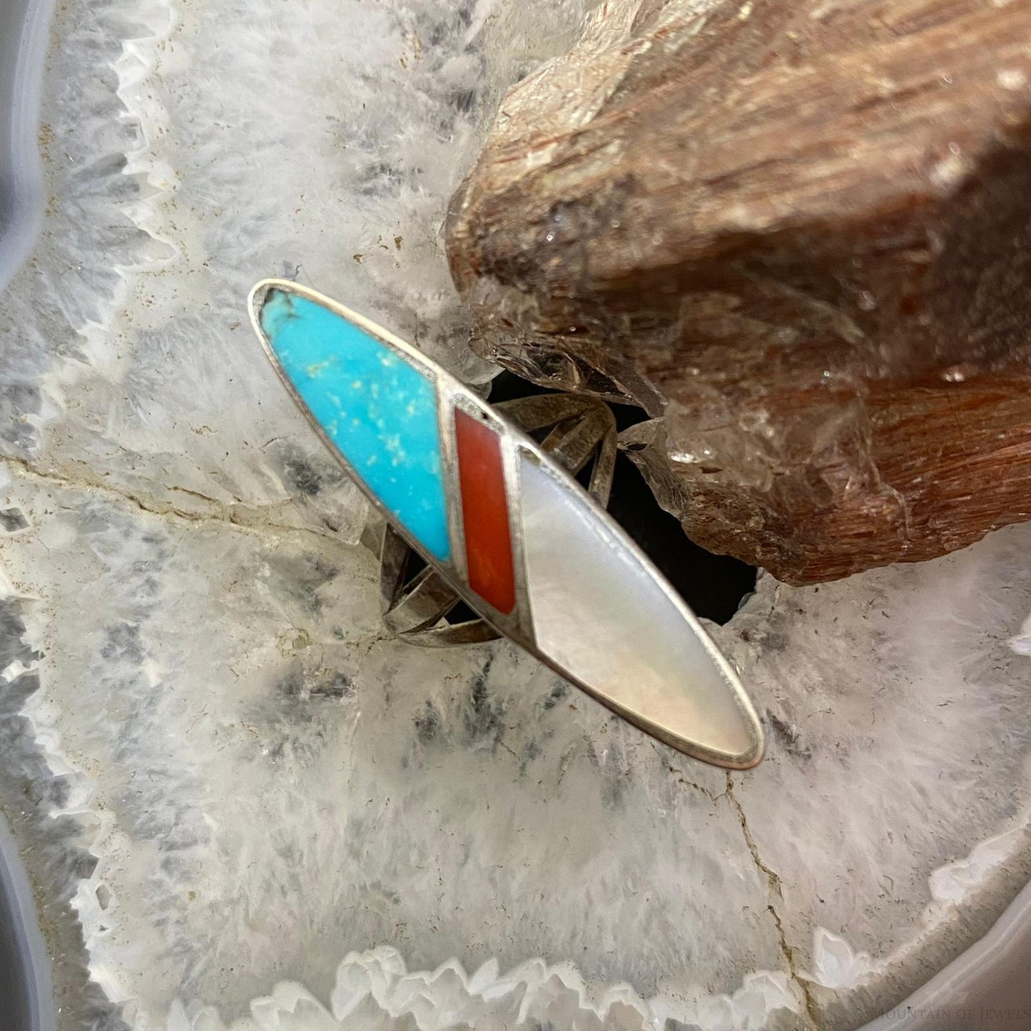 Vintage Native American Silver Marquise Multi Stone Channel Inlay Ring Size 7