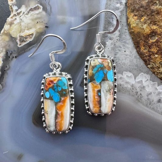 Sterling Silver Southwestern Style Rectangle Spiny & Turquoise Dangle Earrings For Women