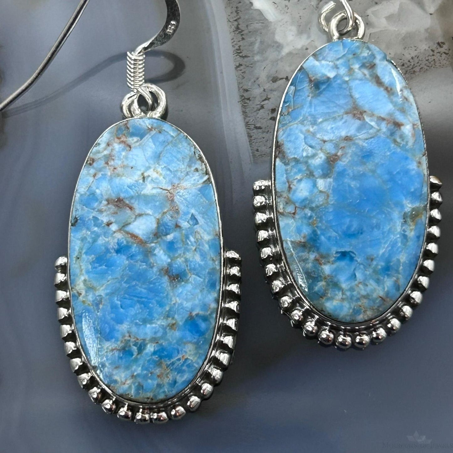 Sterling Silver Southwestern Style Oval Blue Apatite Dangle Earrings For Women
