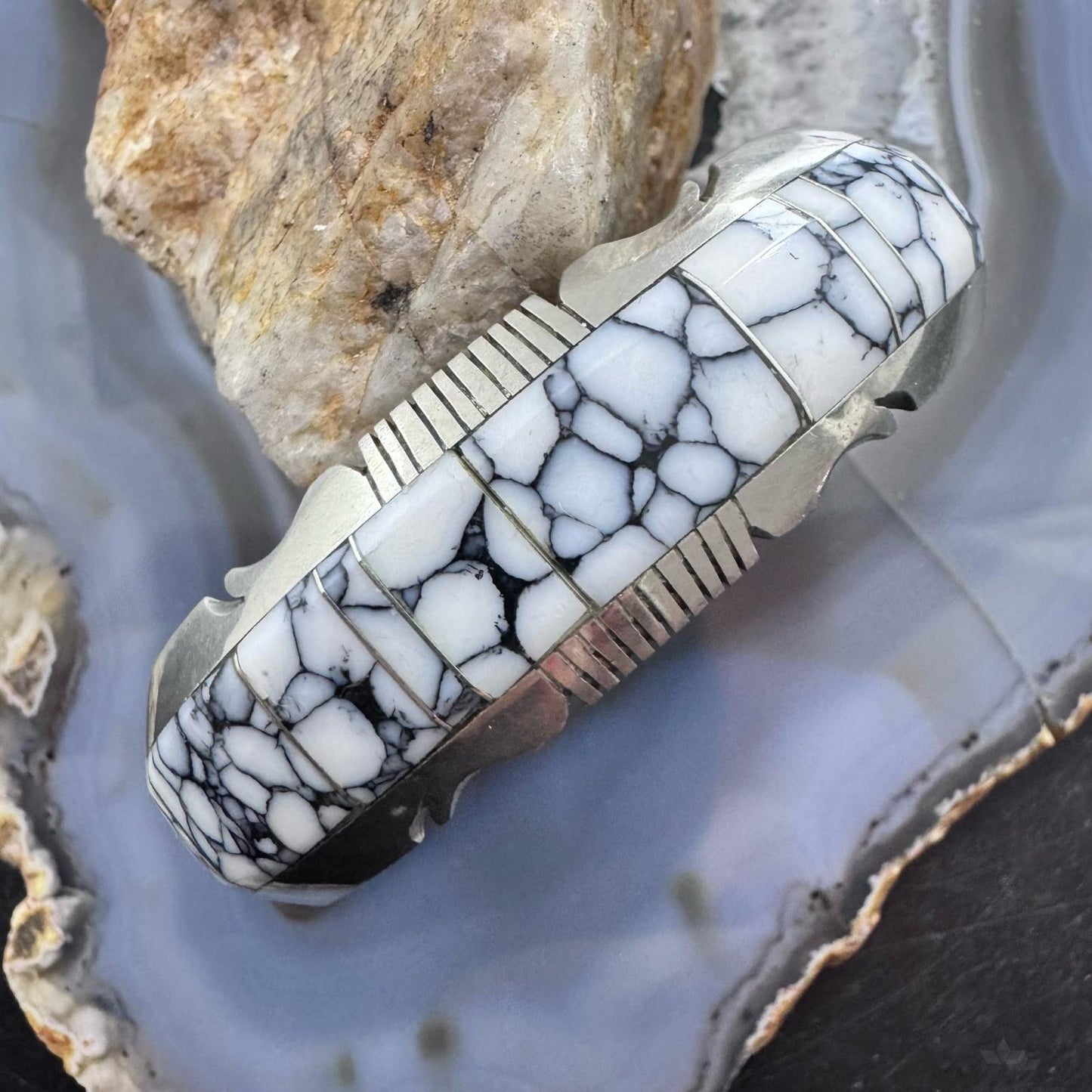 Steve Francisco Native American Sterling Silver White Buffalo Inlay Bracelet For Women
