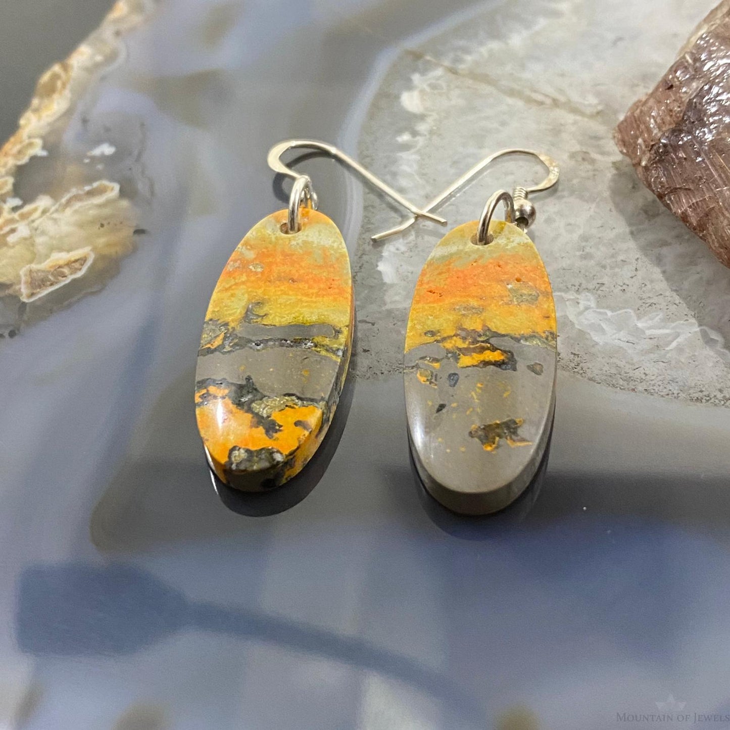 Sterling Silver Oval Bumblebee Jasper Slab Dangle Earrings For Women #005