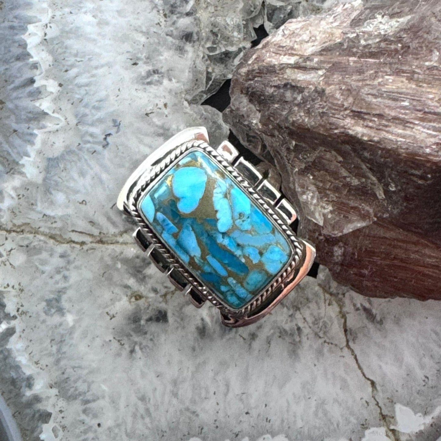 Sterling Silver Southwestern Style Blue Copper Turquoise Bar Ring Size 8 For Women